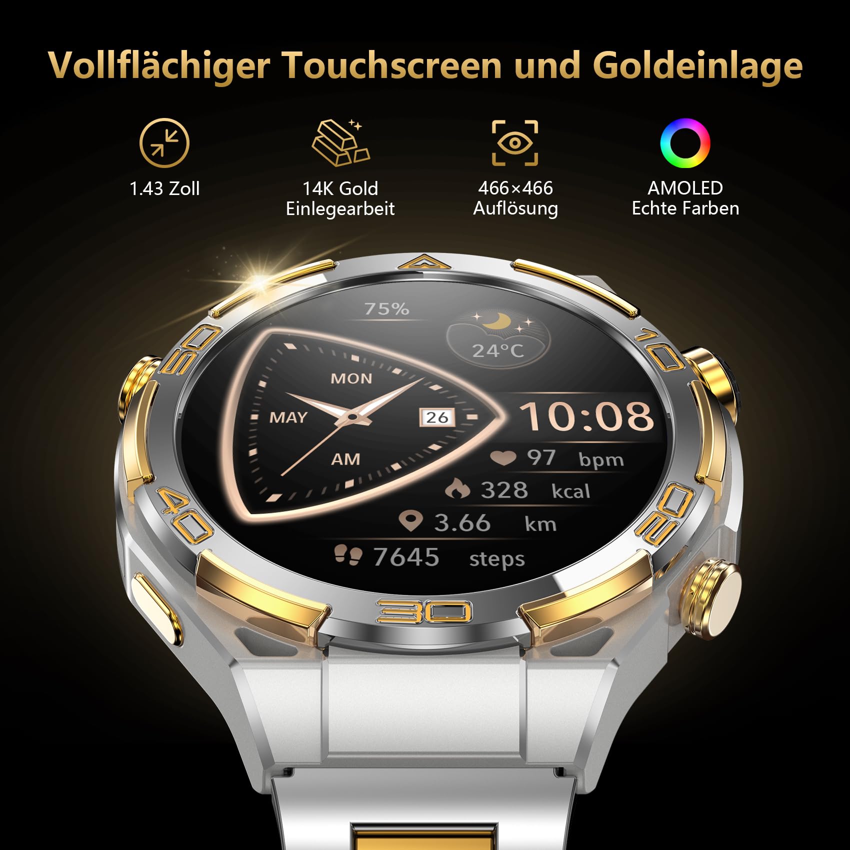 IOWODO Smartwatch Herren Luxus Business mit 14K Gold-Inlay, ChatGPT KI, GPS & Kompass, 1,43" AMOLED, Bluetooth Telefonie, 20 Tage Akku, AI Watch Faces, Gesundheitsmonitor, 100+ Sprotmodi, Silber
