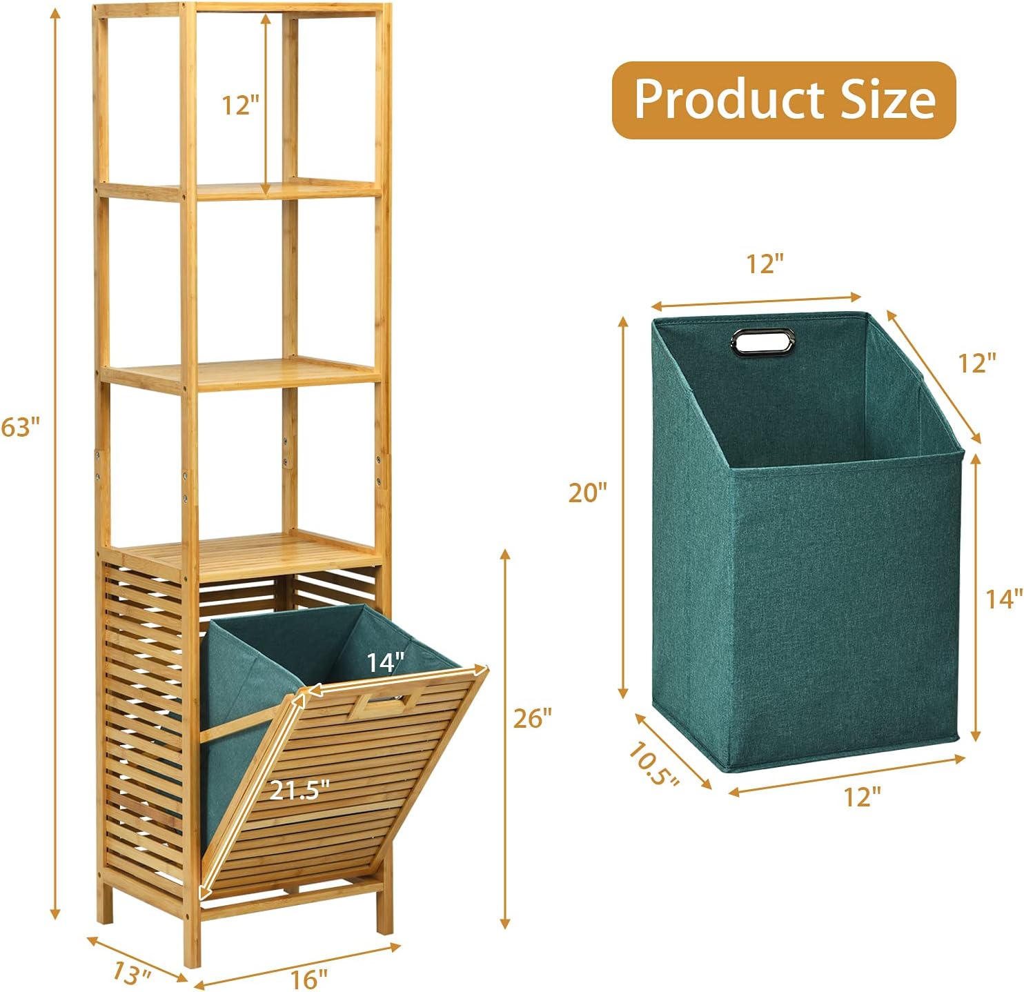 Byroce Bamboo Tilt Out Laundry Hamper with Shelves, 4-Tier Storage Shelf with Removable Laundry Basket & Handle, Tower Hamper Cabinet Organizer for Bathroom, Bedroom, Laundry Room, Living Room