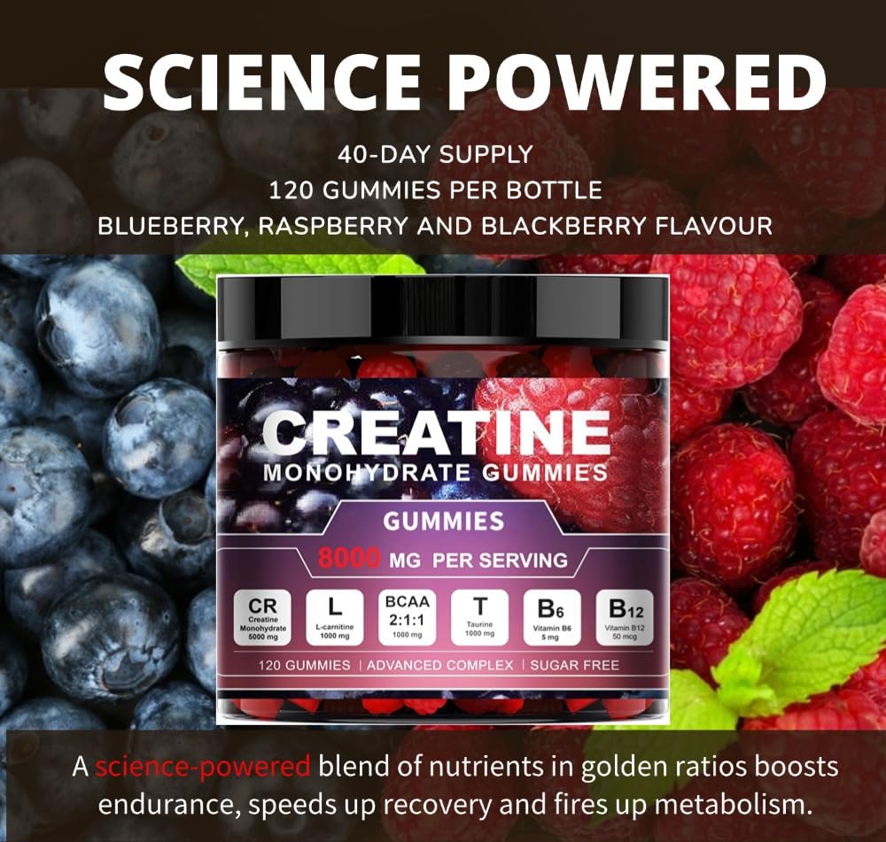 Gomitas de Creatina Monohidrato, 8000mg por Porción, Sin Azúcar, 120 Unidades, con BCAA, L-Carnitina, Taurina, B6, B12, Sabor Frambuesa y Arándanos