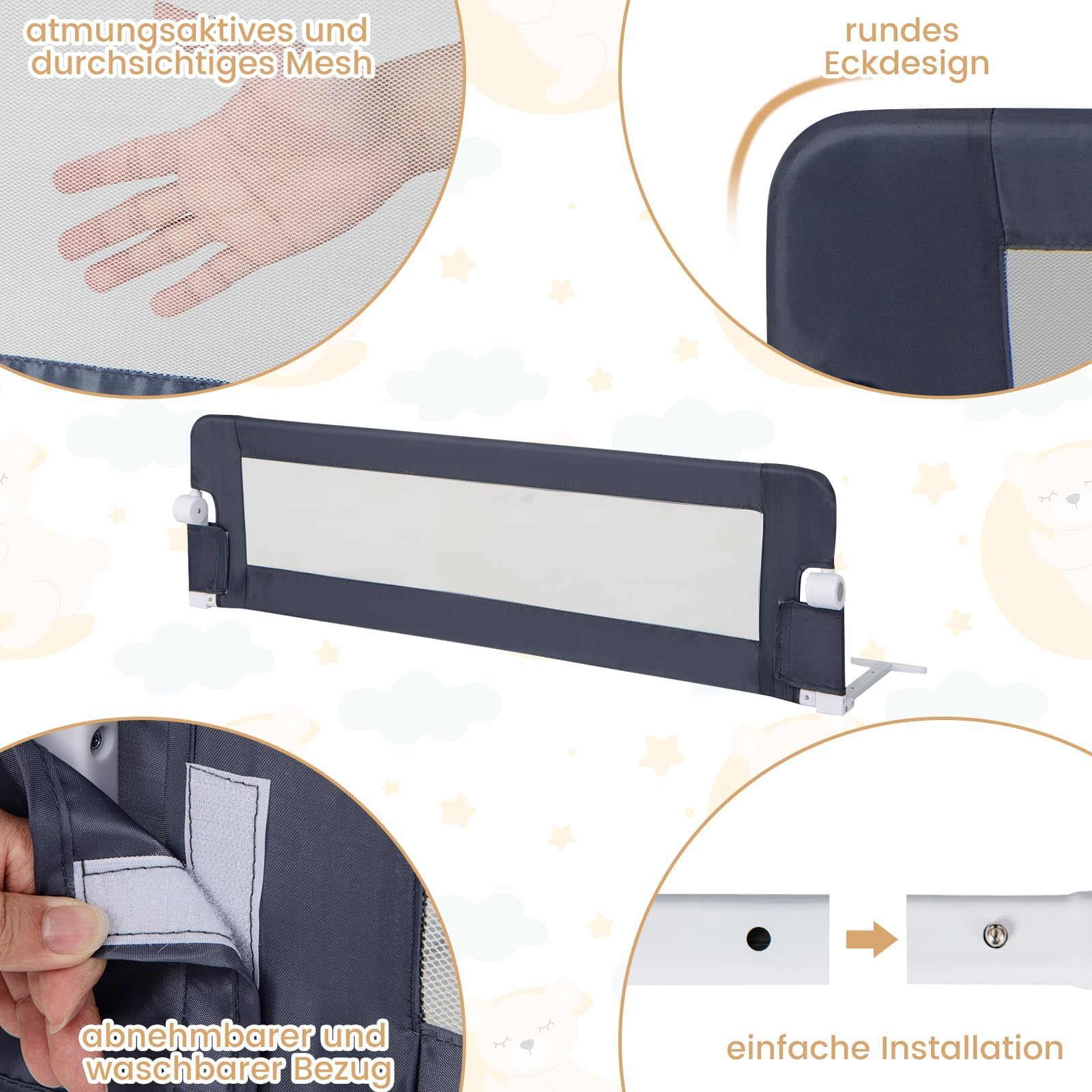 FANTASK Bettschutzgitter klappbar mit Verstellbarer Gurte, EIN-klick-Faltung, Bettgitter Rausfallschutz Bett 180° faltbar für Kinderbett, Boxspringbett & Elternbett, 150 x 42cm (Grau)
