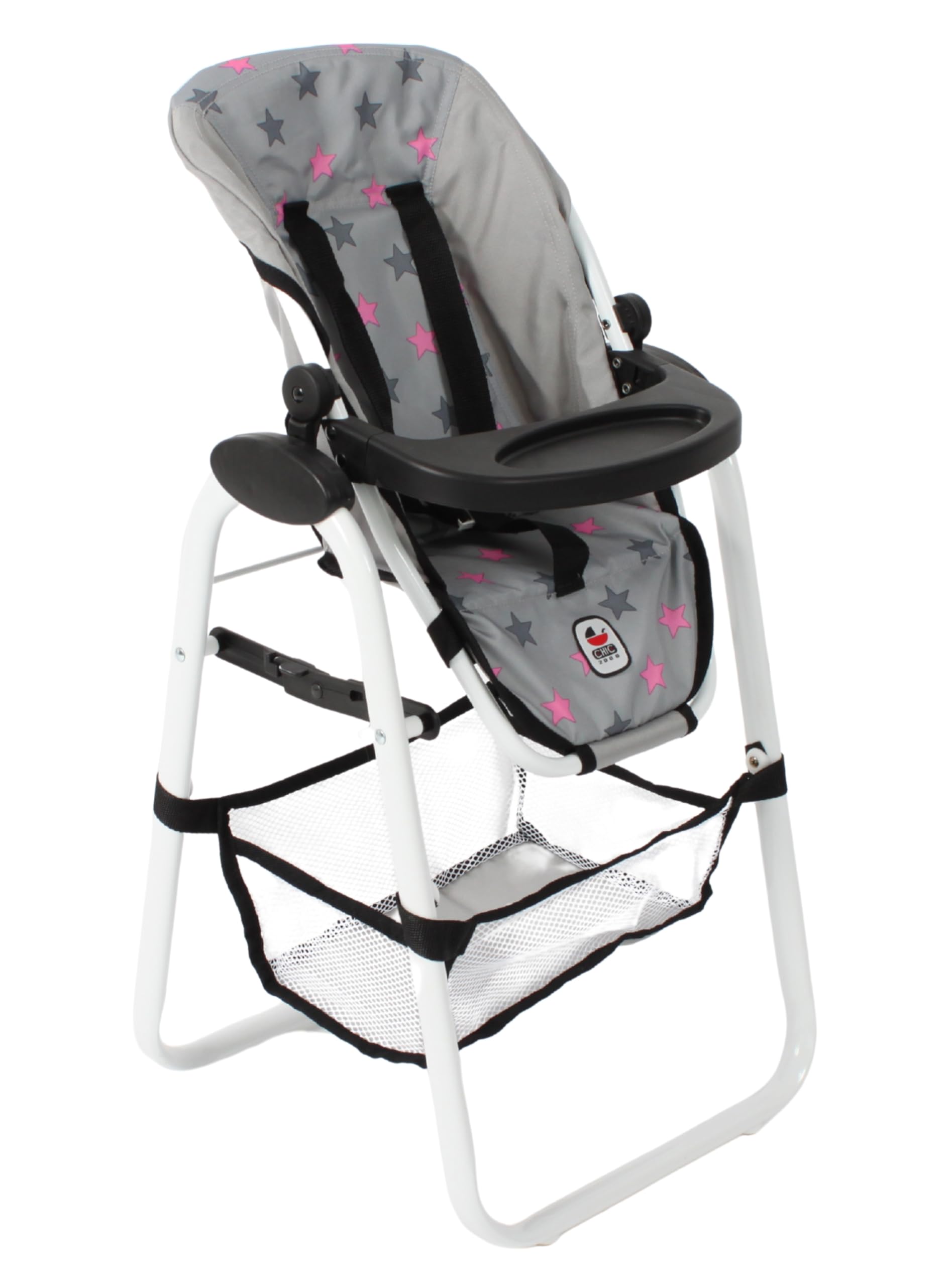 Bayer Chic 2000® Chaise Haute pour poupée - Étoiles Grises - Réglable et Pliable - Porte-Dossier et Filet à Bagages - Poupées jusqu'à 50 cm - Accessoires pour poupée de 3 à 8 Ans
