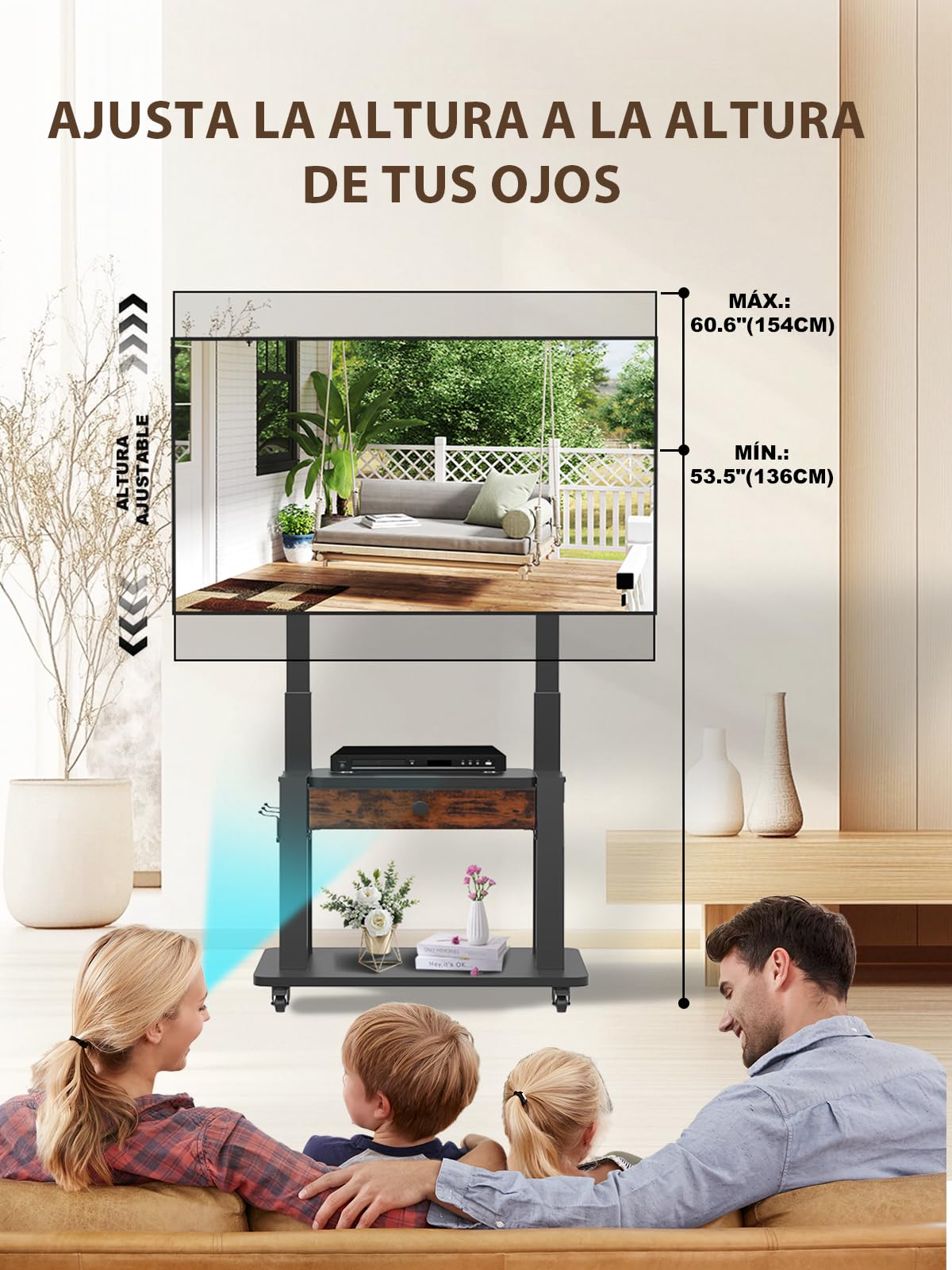 Soporte de TV enrollable con cajón de tela para pantallas planas/curvas de 32 a 75 Pulgadas, altura ajustable, LCD/LED/OLED con espacio de almacenamiento, carrito de TV móvil con ruedas de hasta 100kg