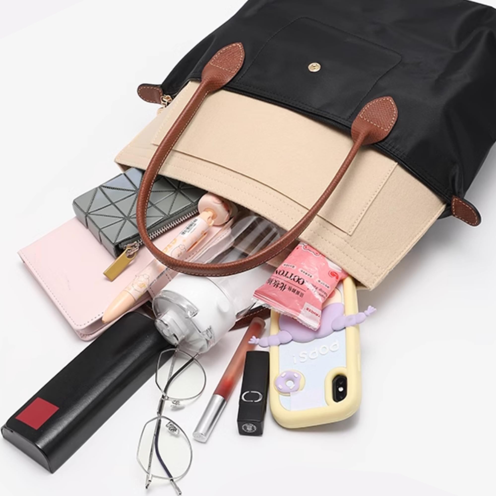 Organizador para bolso Longchamp Le Pliage de tamaño mediano, organizador de bolso de fieltro con portavasos, organizador de bolso con cremallera, 8 compartimentos, beige, L