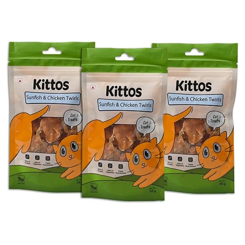 Kittos Sunfish and Chicken Twirls Cat Treats Combo Pack of 3 105g High Protein Low Fat Dry Cat Snacks Easy Digest Natural Training Reward Treats for Cats All Life Stages