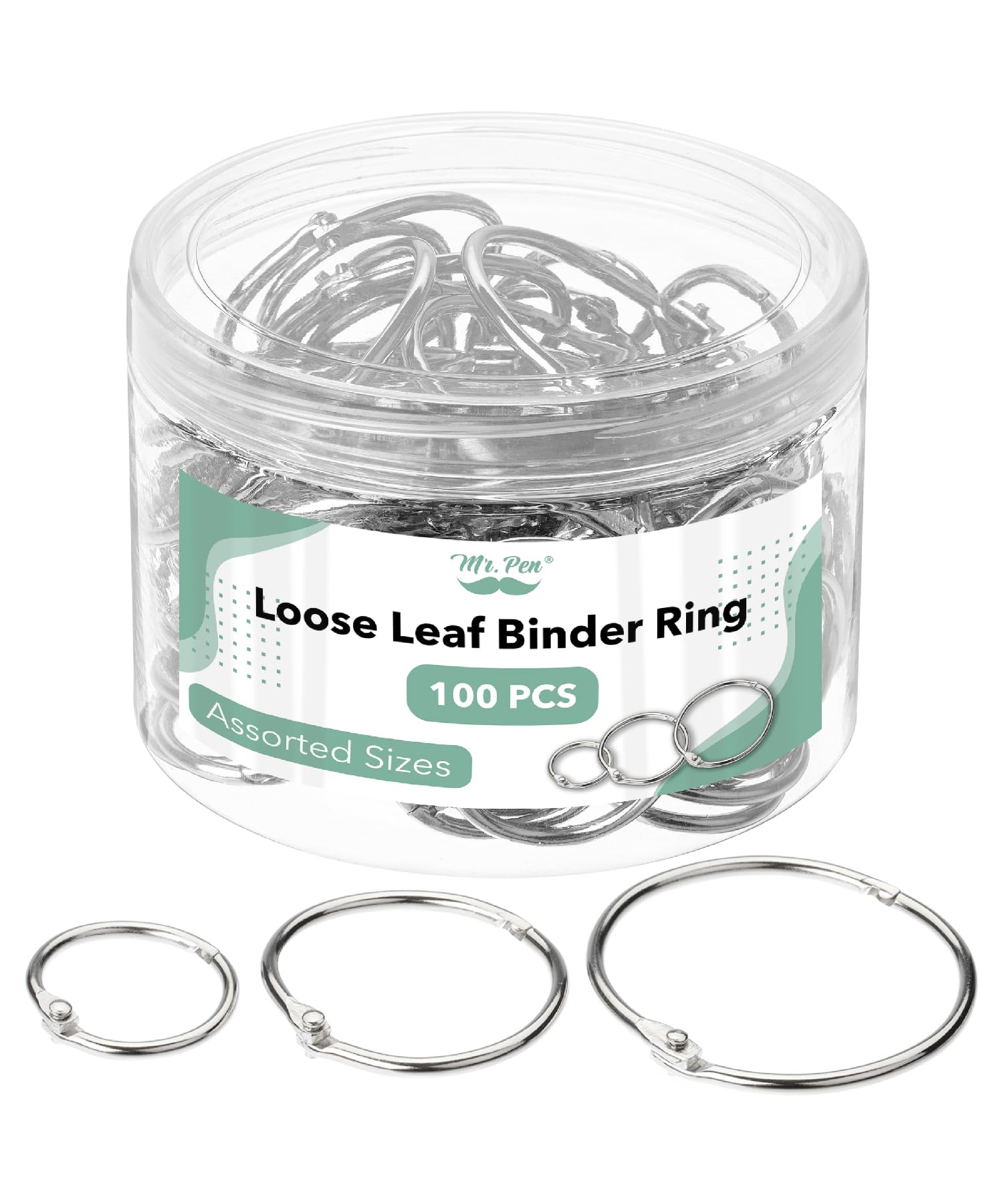 Mr. Pen- Loose Leaf Binder Ring, 100 Pack, 3 Sizes, Loose Leaf Binder Book Rings Bulk, for Books and Index Cards, for School, Home, or Office, Silver