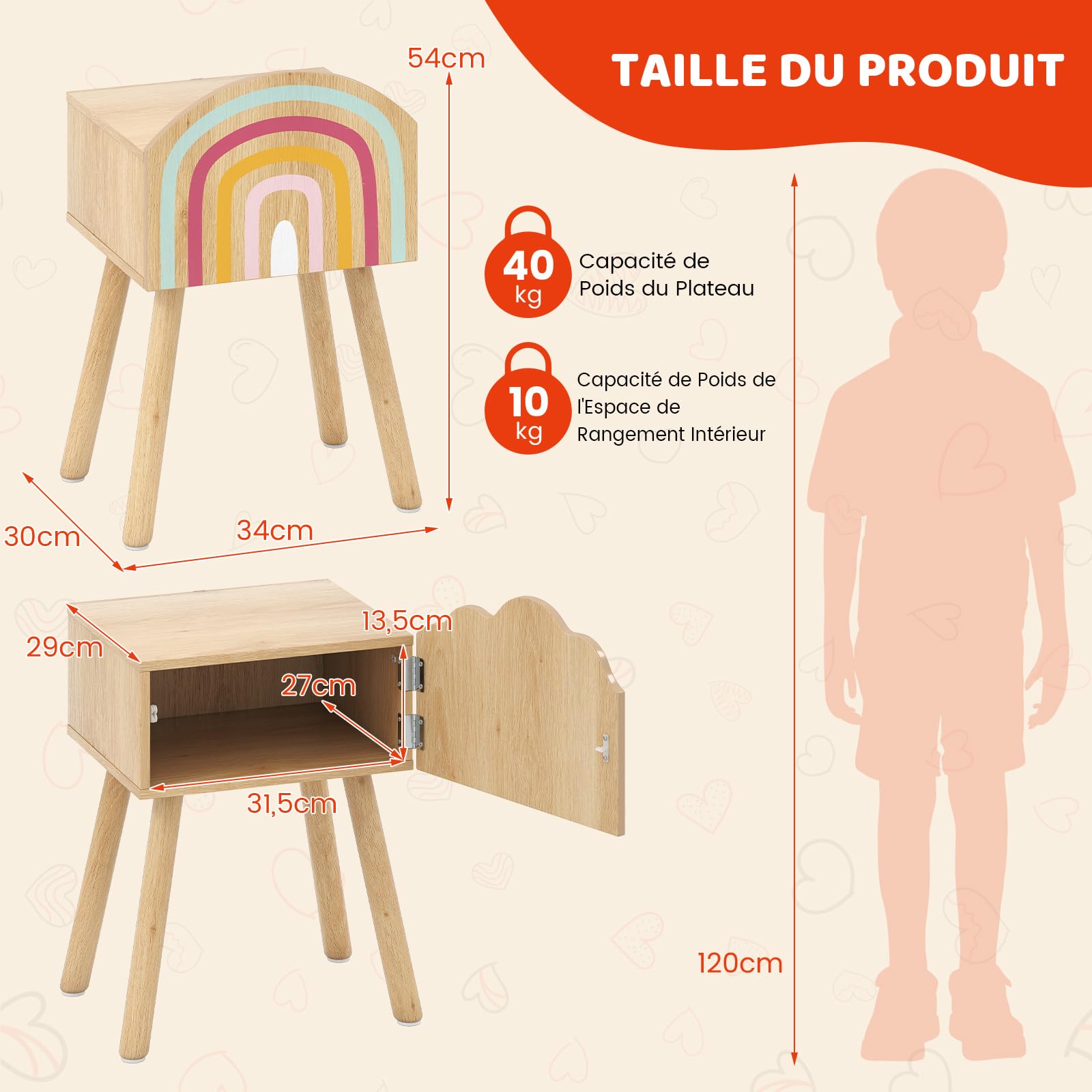 COSTWAY Lot de 2 Table de Chevet Enfant avec Motif Arc-en-Ciel et Nuage, Table de Nuit Enfant Fille avec Portes & Pieds en Bois Massif & Dispositif Anti-basculement, 34x30x54 cm, Naturel