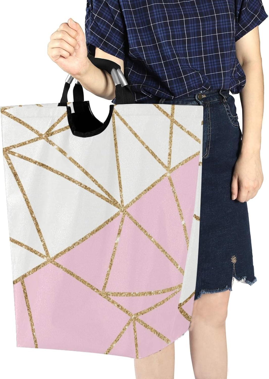 ALAZA Large Laundry Basket Nordic Pink Gold Marble Geometry Laundry Bag Hamper Collapsible Oxford Cloth Stylish Home Storage Bin with Handles, 22.7 Inch