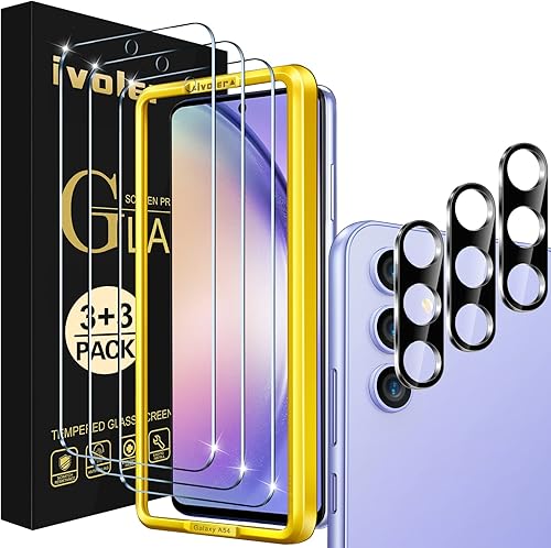 ivoler Paquete de 3 + 3 protectores de pantalla para Samsung Galaxy A54 5G de 6.4 pulgadas 2023 con paquete de 3 Protector de lente de cámara de