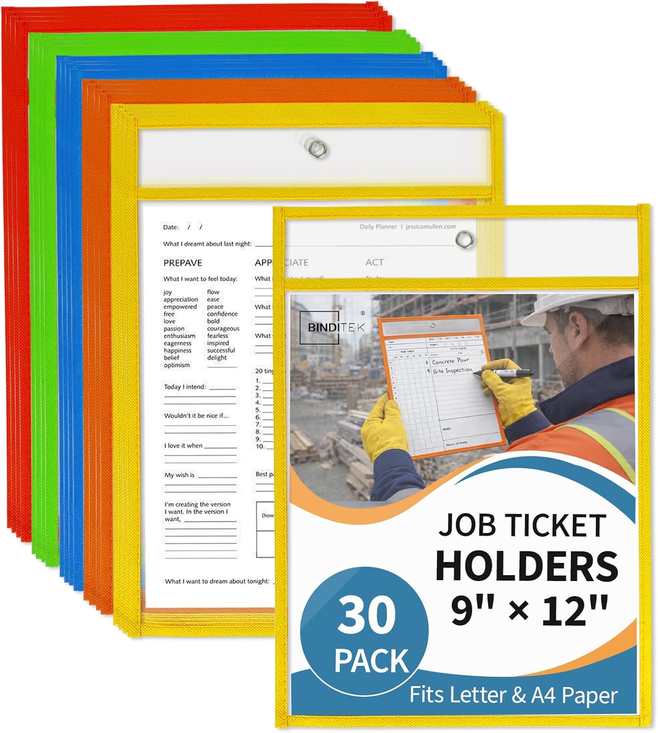 Binditek 30 Pack Heavy Duty Job Ticket Holders, 9 x 12 Inch Multicolor Dry Erase Pockets, Reusable Clear Plastic Sleeves for Letter Size & A4 Papers, Shop Ticket Holders for Office & Classroom