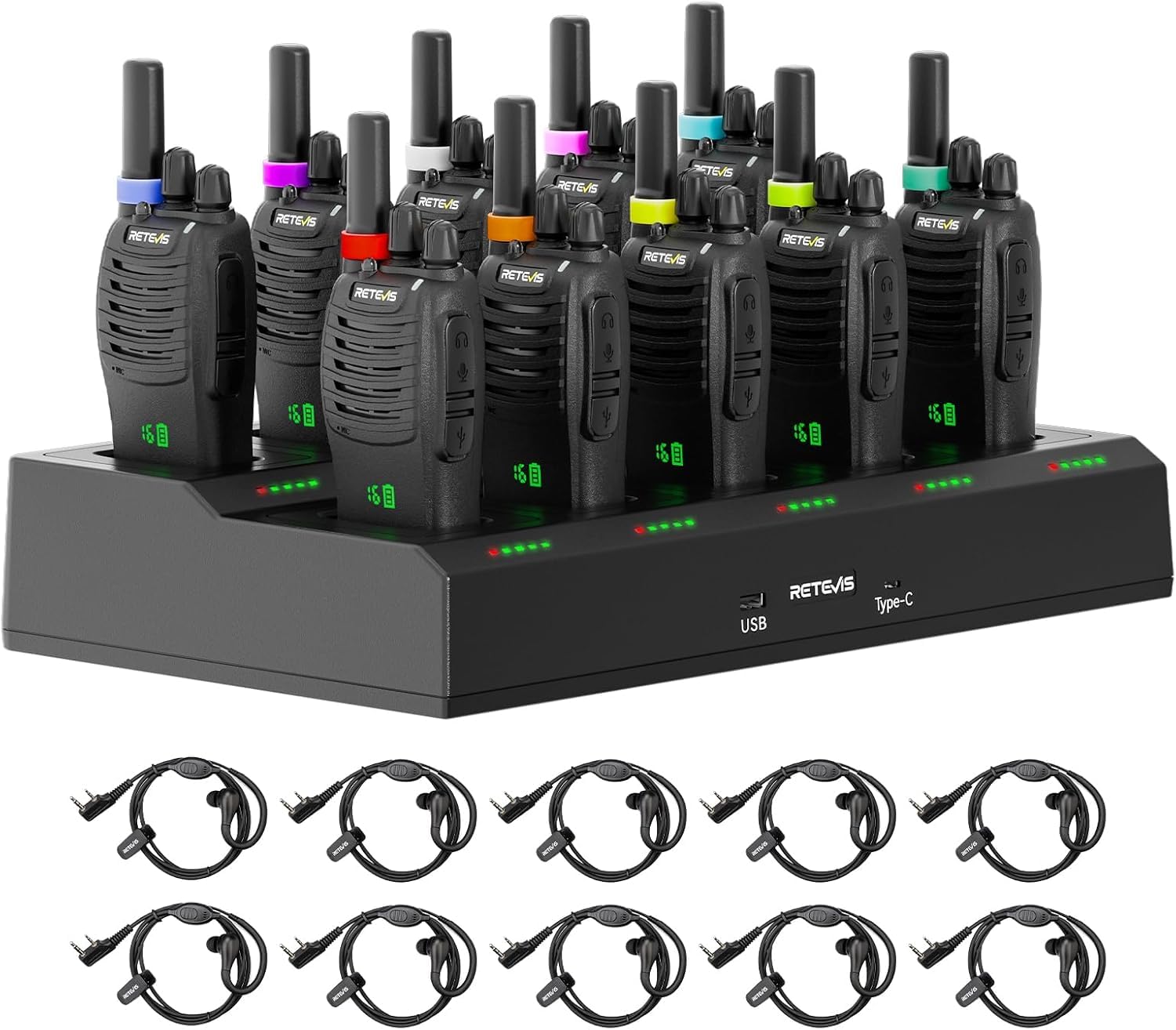 Retevis H777H Funkgerät, Funkgeräte mit Bildschirm,10-in-1 Ladegerät 10 STK | Lizenzfrei PMR Funkgerät mit Headset, Funkgeräte Reichweite für Sicherheit, Kommerziell