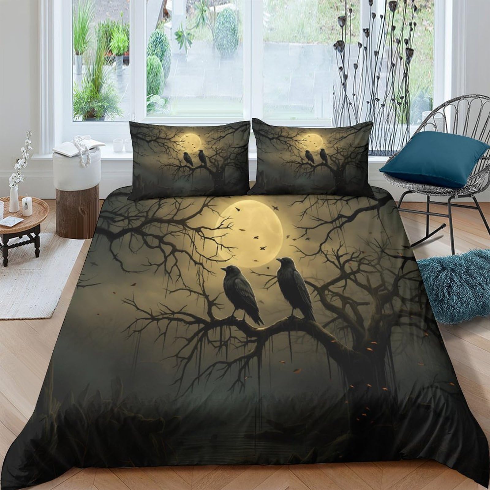 Ctjqhvkz Style-8 3D Printed Moonlit Raven Fitted Sheet Microfiber Soft Black Tree Silhouette Bed Cover For Bedroom Decor Single（135X200cm）