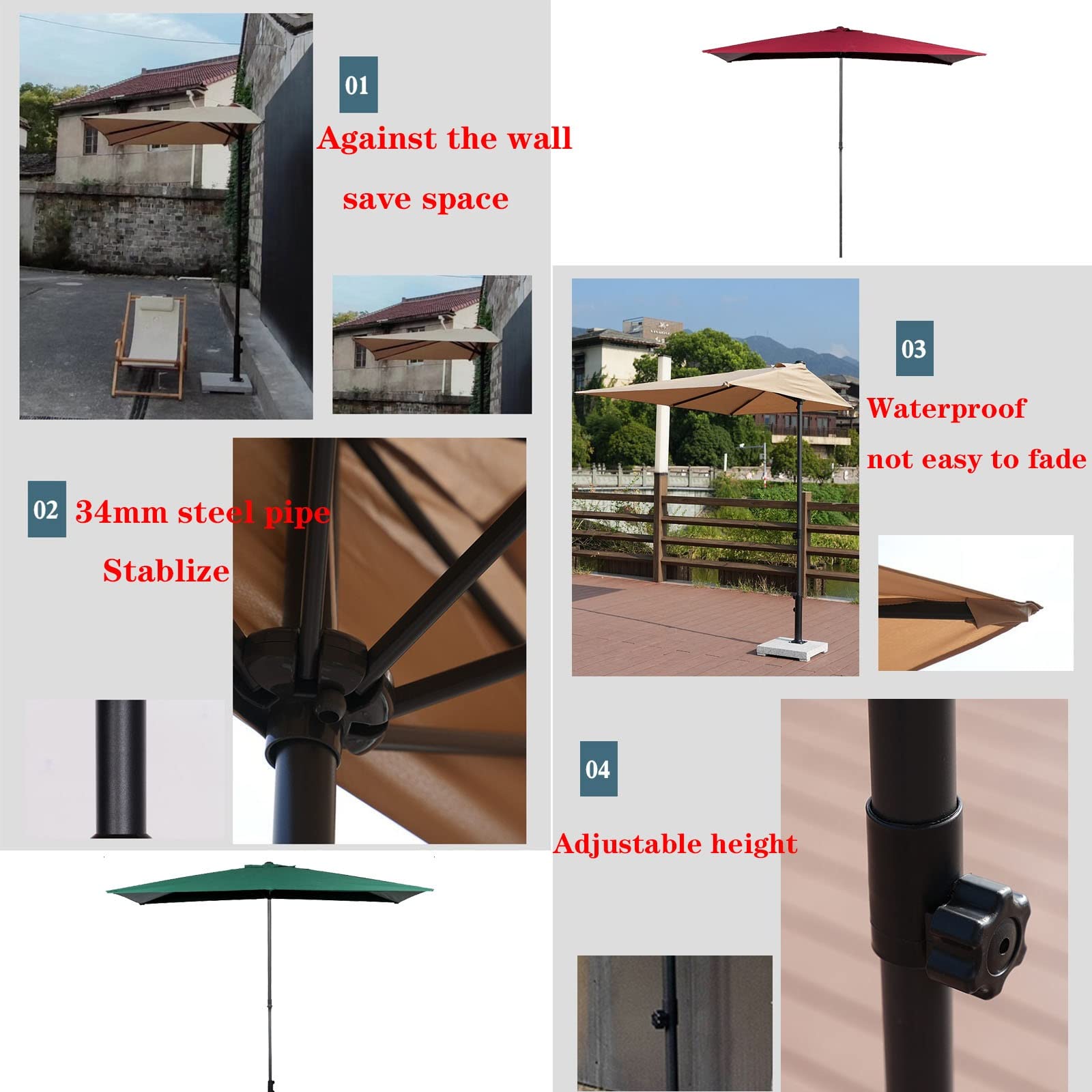 Parasol ogrodowy, regulowana wysokość 170-255 cm, nowoczesny design, zielony, idealny na balkon, taras i ściany