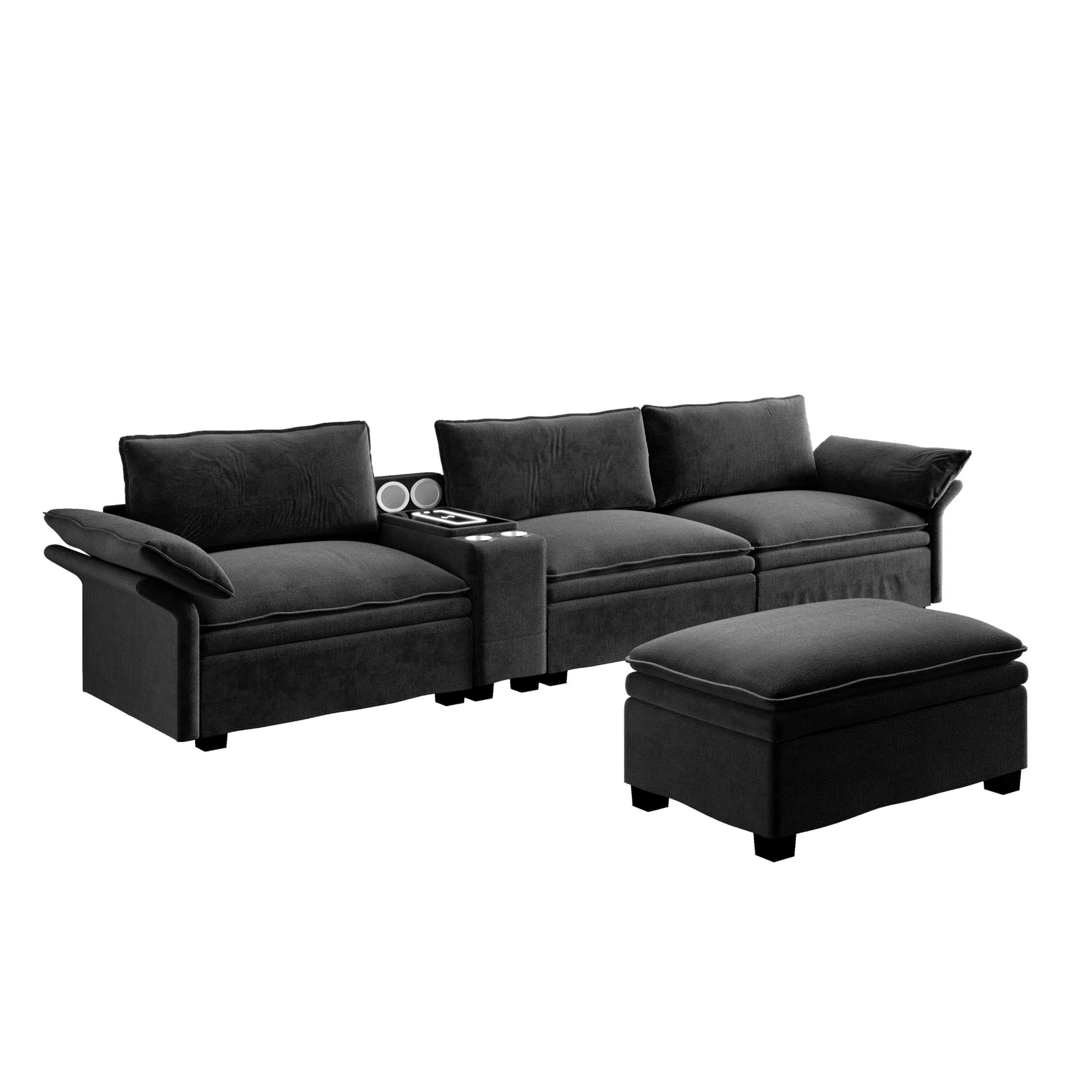 Sofá modular en L de 315 cm con otomano, chenilla Cloud sofá con espacio de almacenamiento, carga inalámbrica, altavoz Bluetooth, luz ambiental y 2 soportes para bebidas, 4 plazas para salón y oficina