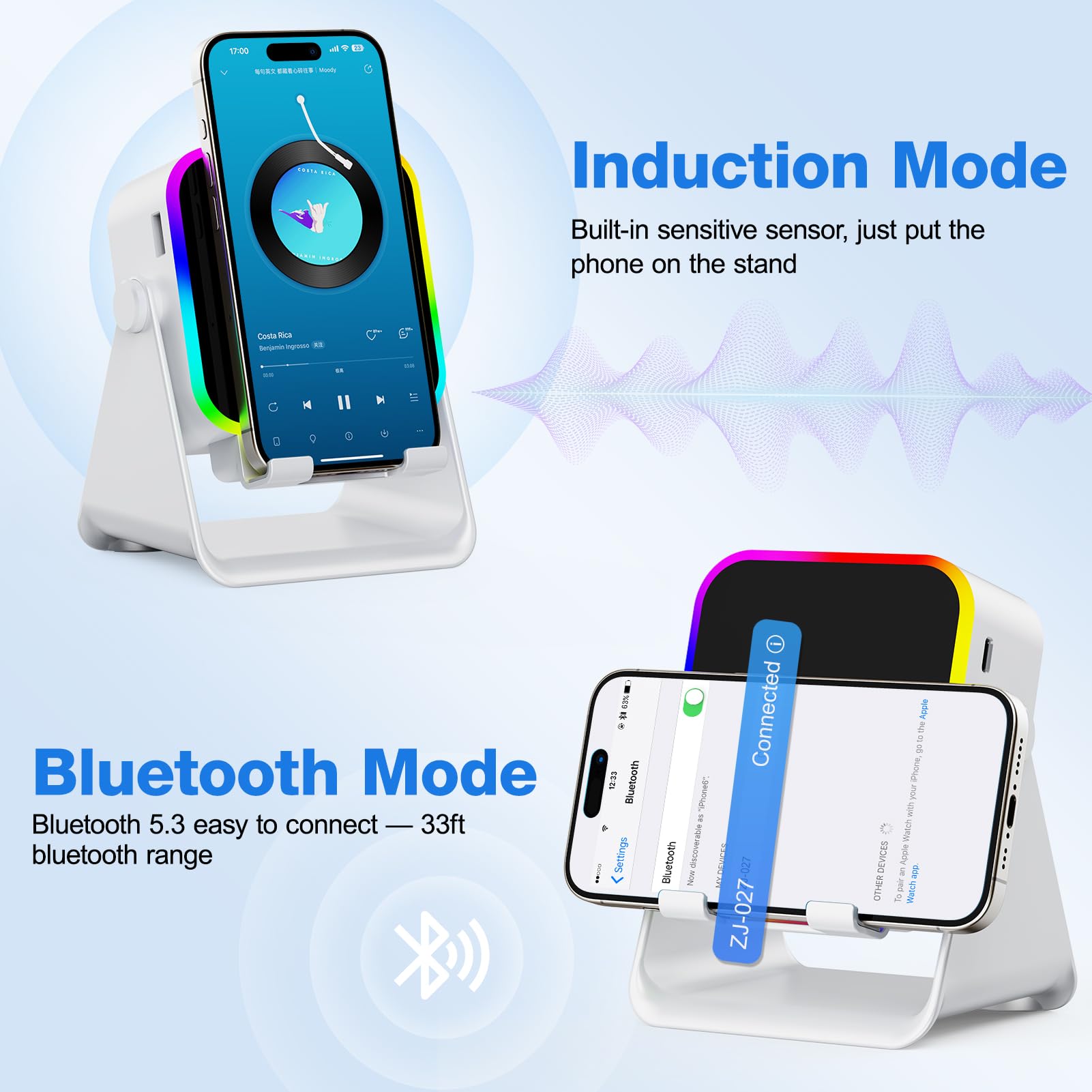 TARKARI Altoparlante wireless a induzione, altoparlante Bluetooth con supporto per telefono e luce RGB, suono surround HD, compatibile con iPhone, Android, iPad, Samsung, regalo di compleanno per