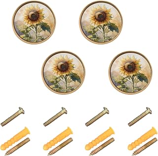 Painting Sunflower Green 4 Pack Cabinet Knobs, Fashion Design Pulls Handle for Dresser Drawer Cupboard Furniture Decorative