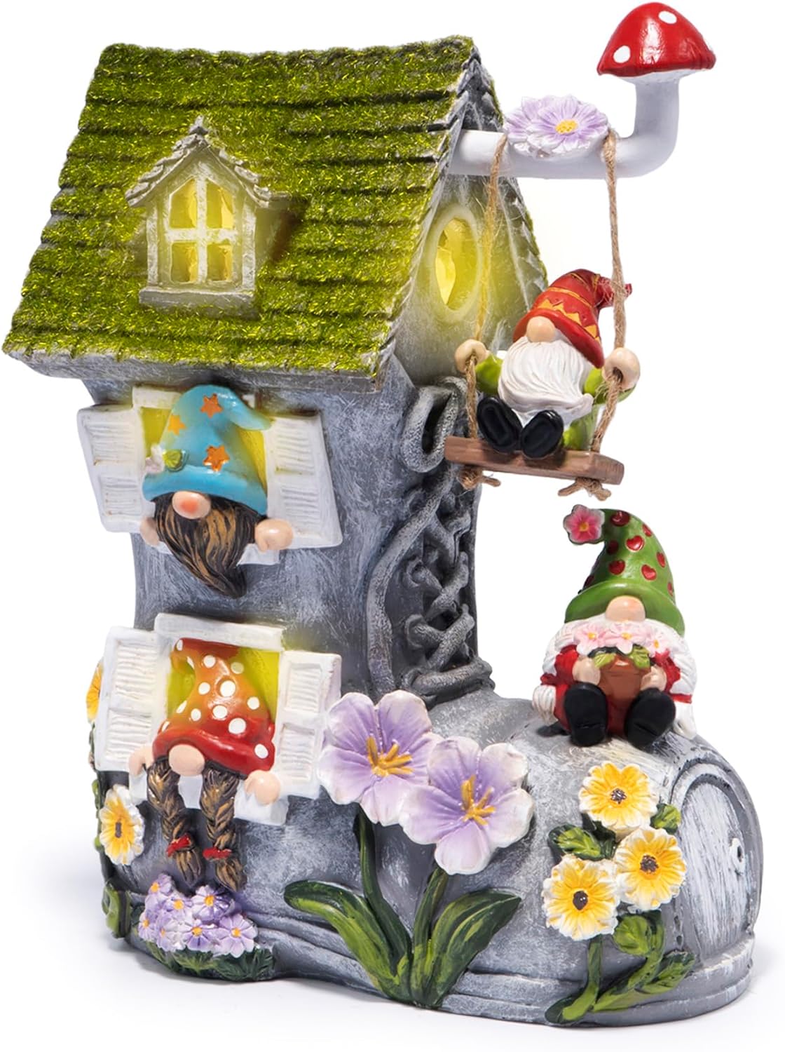 Hodao Spring Solar Gnomes Garden Decor - Whimsical Shoe House with Swinging Gnome, Hand-Painted Floral Base & Mushroom Swing for Porch, Yard, Flower Bed Garden Gifts for Women, Mom (Grey)