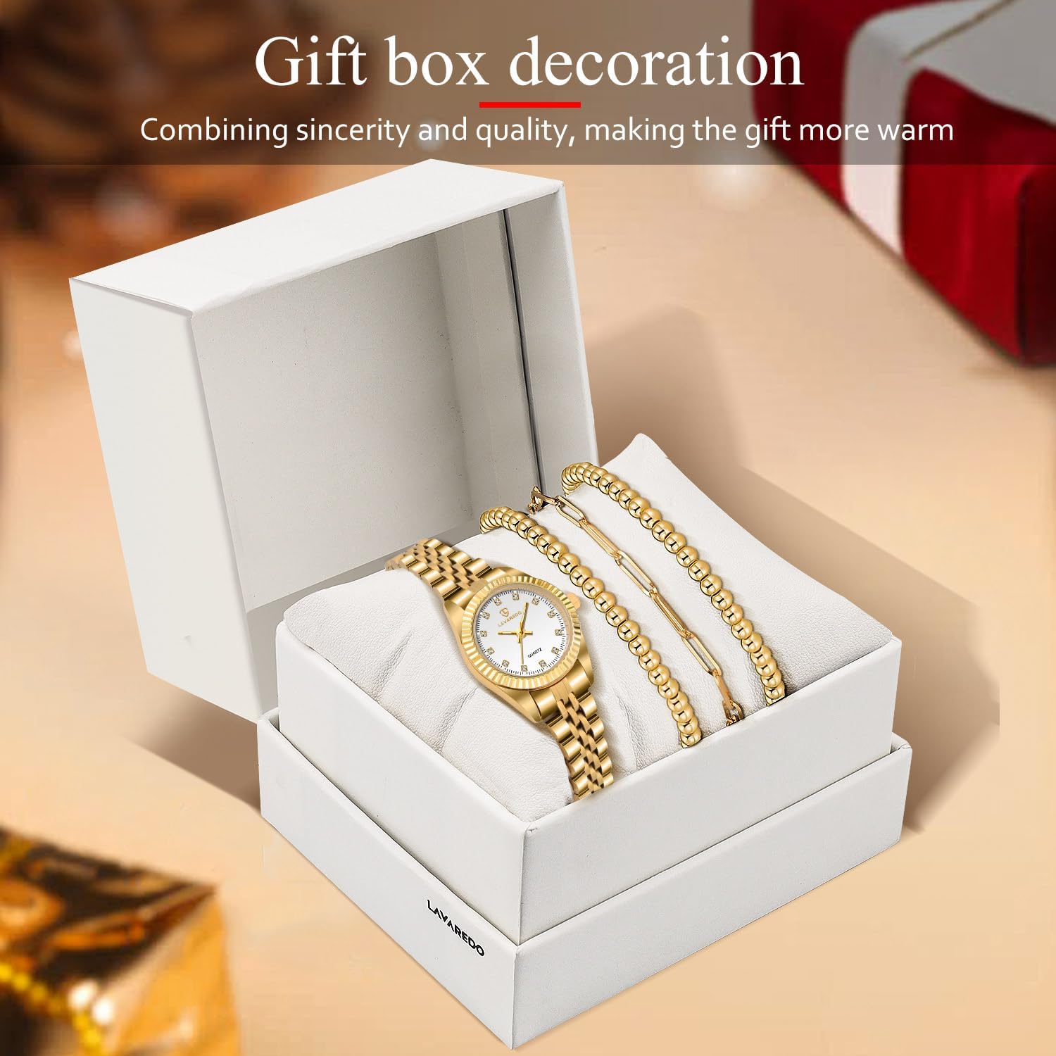 Gold Womens Watch Set, 18K Gold Plated Bangle Bracelets Ring for Women, Dainty Ladies Wrist Waterproof Analog Watch with Luminous, Valentine Anniversary Birthday Gifts for Women