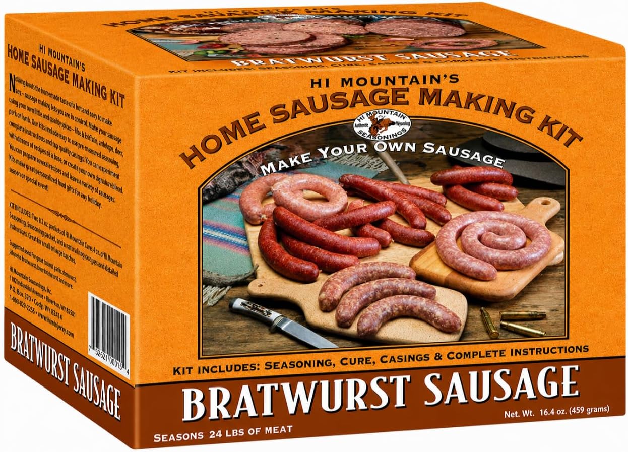 Hi Mountain Seasonings ว BRATWURST Sausage Making Kit ว Includes Sausage Seasoning, Cure, Natural Hog Casings, and Simple-to-Follow Directions ว Creates 24 lbs of Delicious Bratwurst Sausage