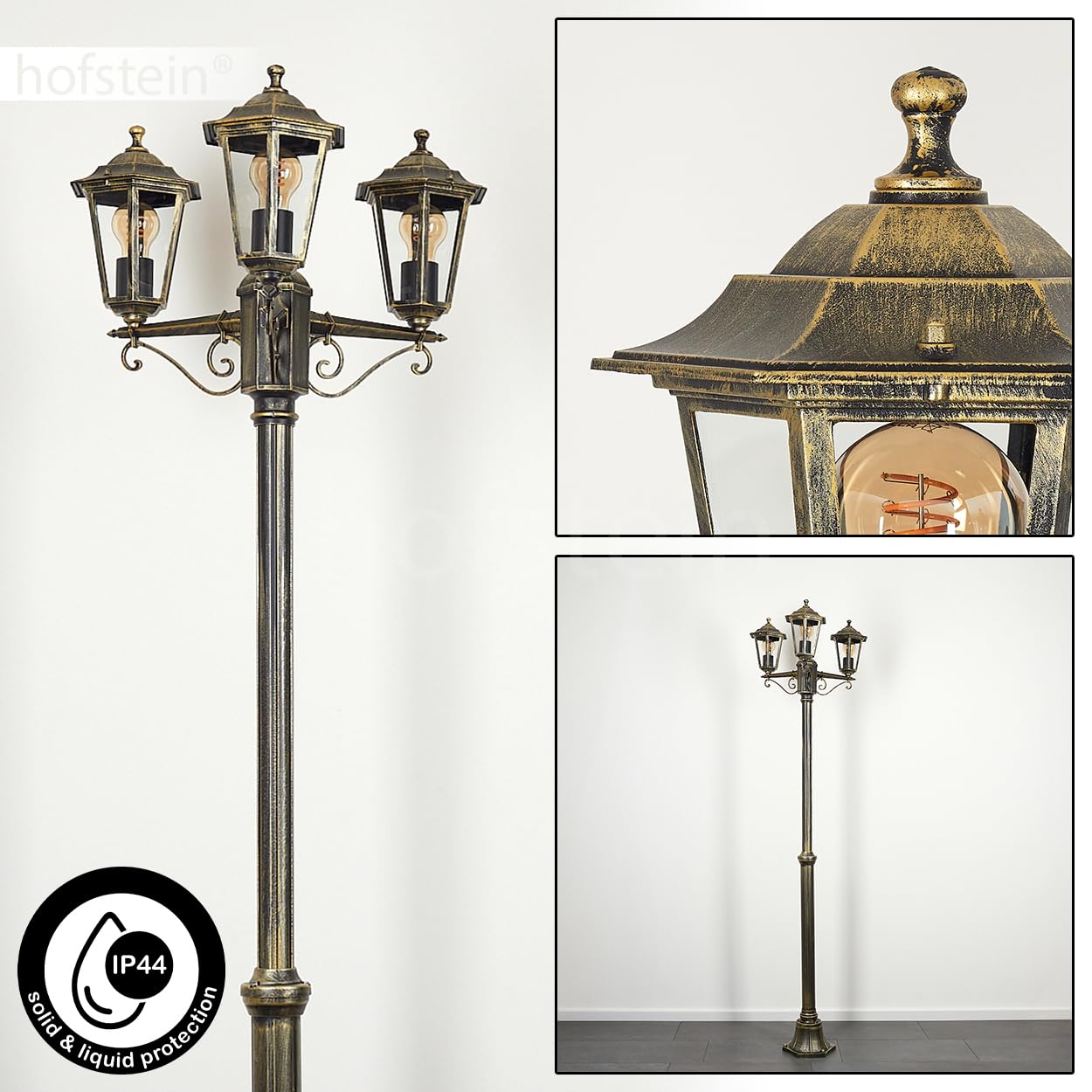 Lampa zewnętrzna Loria, oświetlenie ścieżki z metalu/szkła w kolorze złotym/brązowym/przezroczystym, kandelabr 3-punktowy antyczny wygląd, wysokość maks. 200 cm, oświetlenie ogrodowe IP44, 3 x E27,