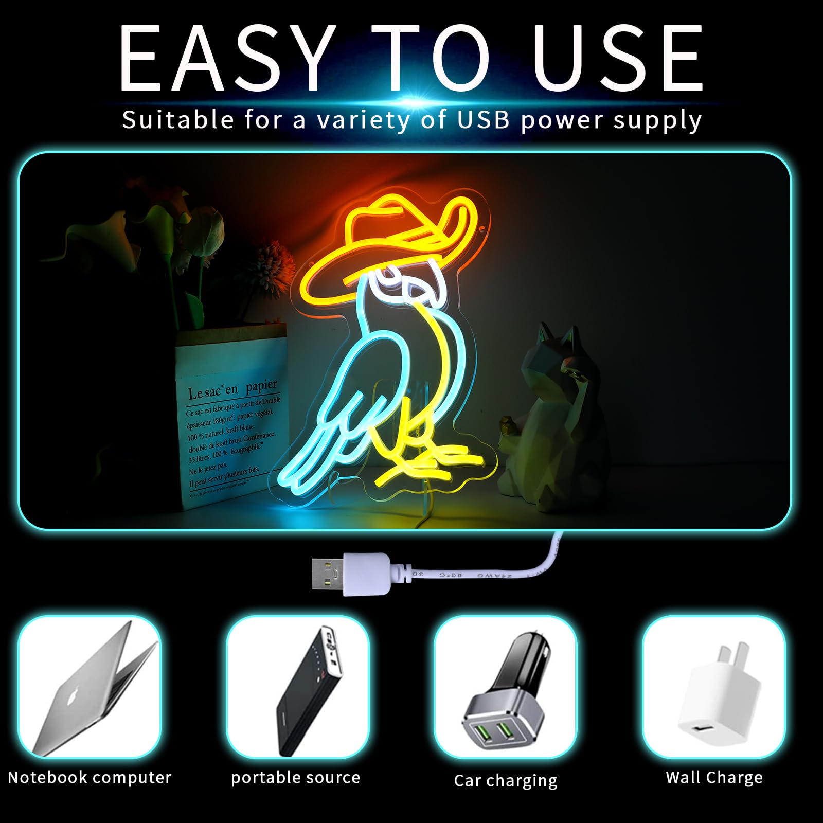 WIOSOUL Parrot Neon Sign Animal LED Light with Top Hat Animal LED Wall Decor - Image 4