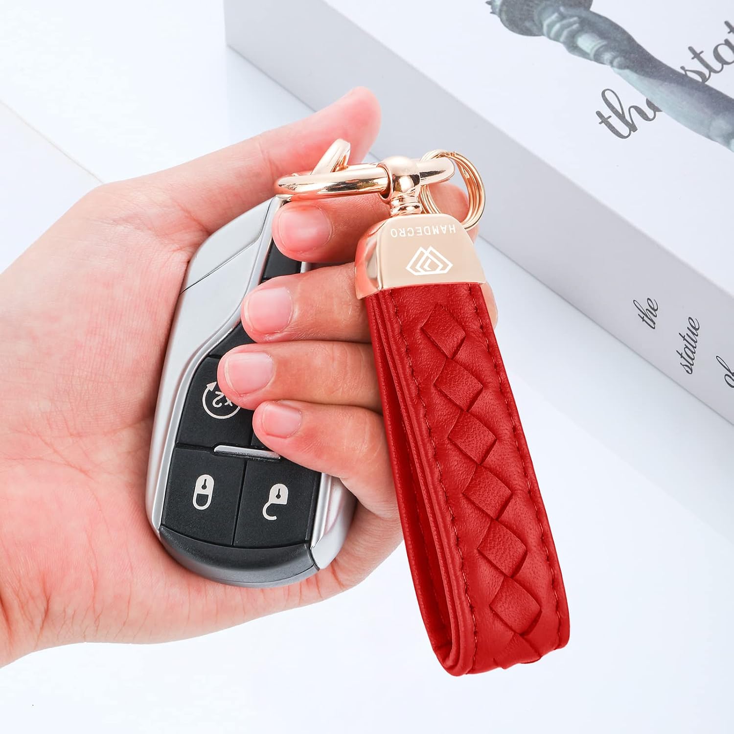 Hamdecro Genuine Leather Keychains, Handmade Knit Sheepskin Car Key chains for Women, Universal Key Fob Holder with 360 Degree Rotatable, Anti-Lost D-Ring, 2 Keyrings and 1 Screwdriver – Red