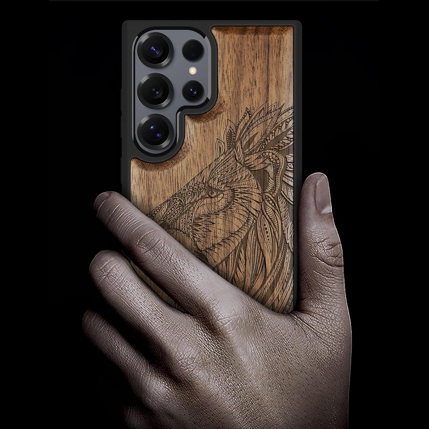 Carveit Magnetic Wooden Case for Samsung Galaxy S25 Ultra Case 2025, TPU Shockproof Cover & Wood Artisan Engraved, Compatible with MagSafe Wireless Chargers (Ornate Lion's Head) Walnut