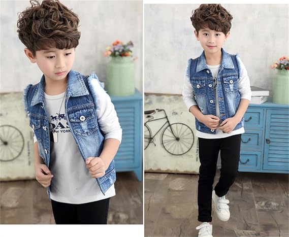 Kids Boys Denim Jacket Vest Sleeveless Turn-down Waistcoat Button Closure Jean Outerwear