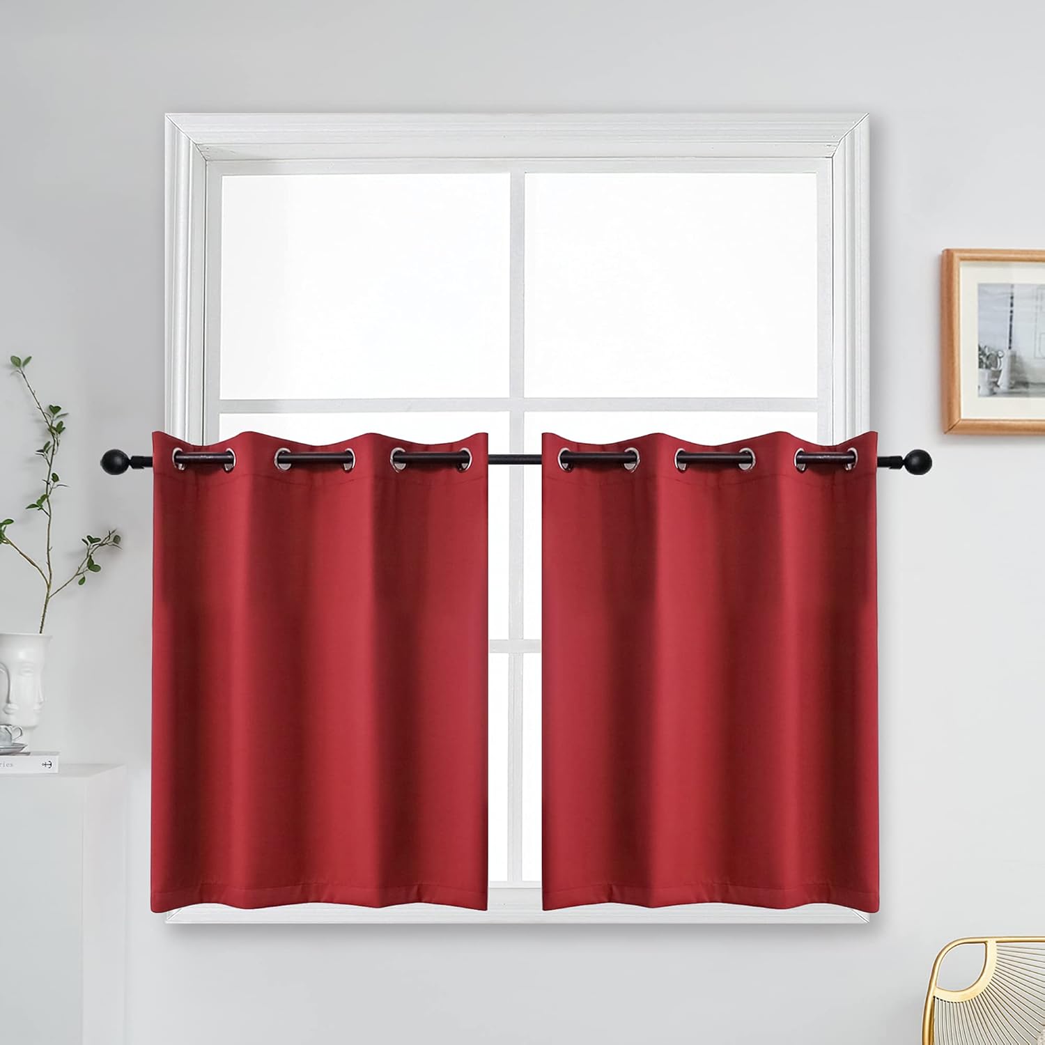 YGO 24 Inch Grommet Curtains Ture Red Blackout Window Decorative Valances for Kitchen Thermal Insulating Tiers Curtains for Bedroom 52x24 Inch 2 Panels