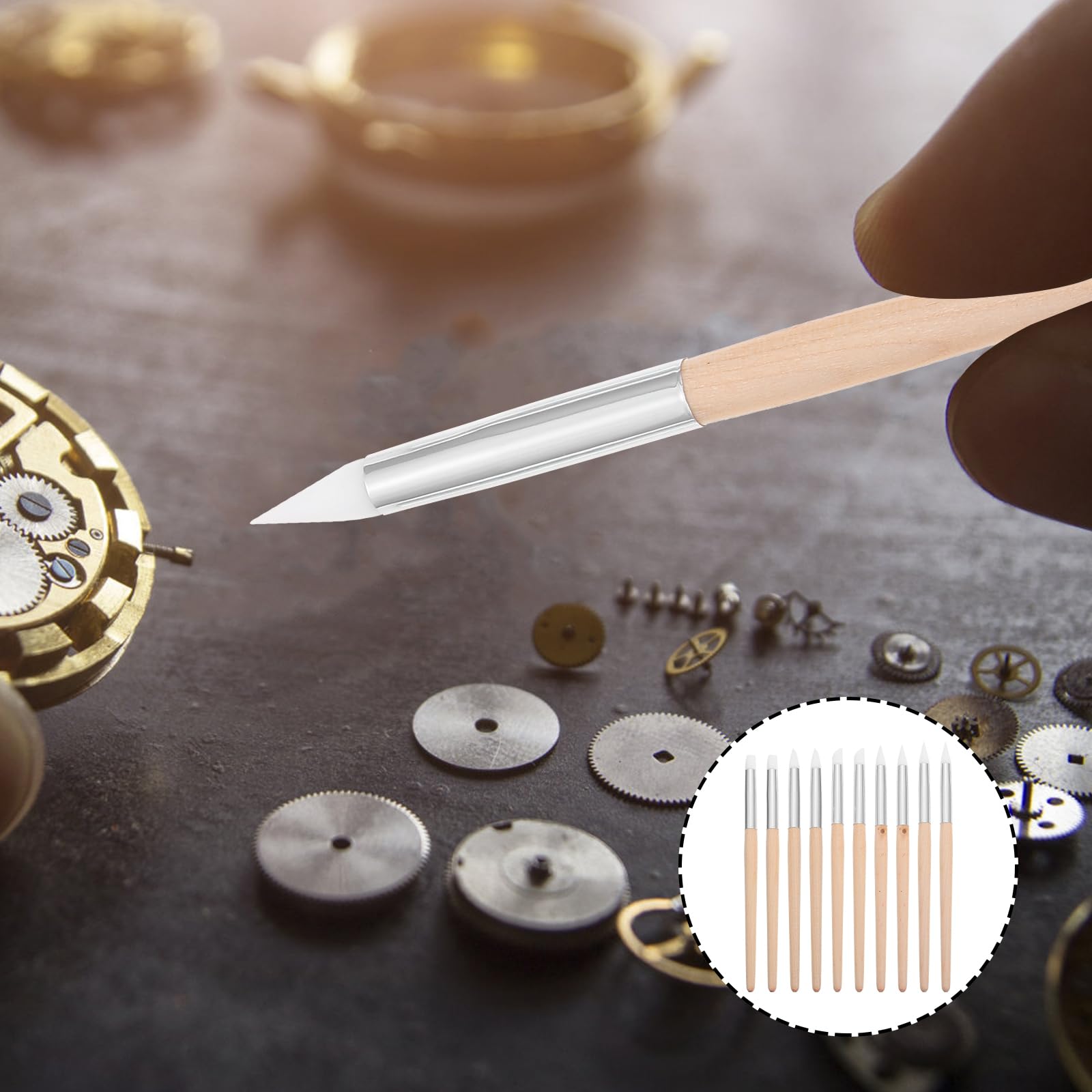 10PCS Watch Dial Cleaning Pen with Wooden Handles for Watch Movement Jewelry Cleaning - Various Shapes Head Prints Cleaner Stick- Portable Watches Dial Pens