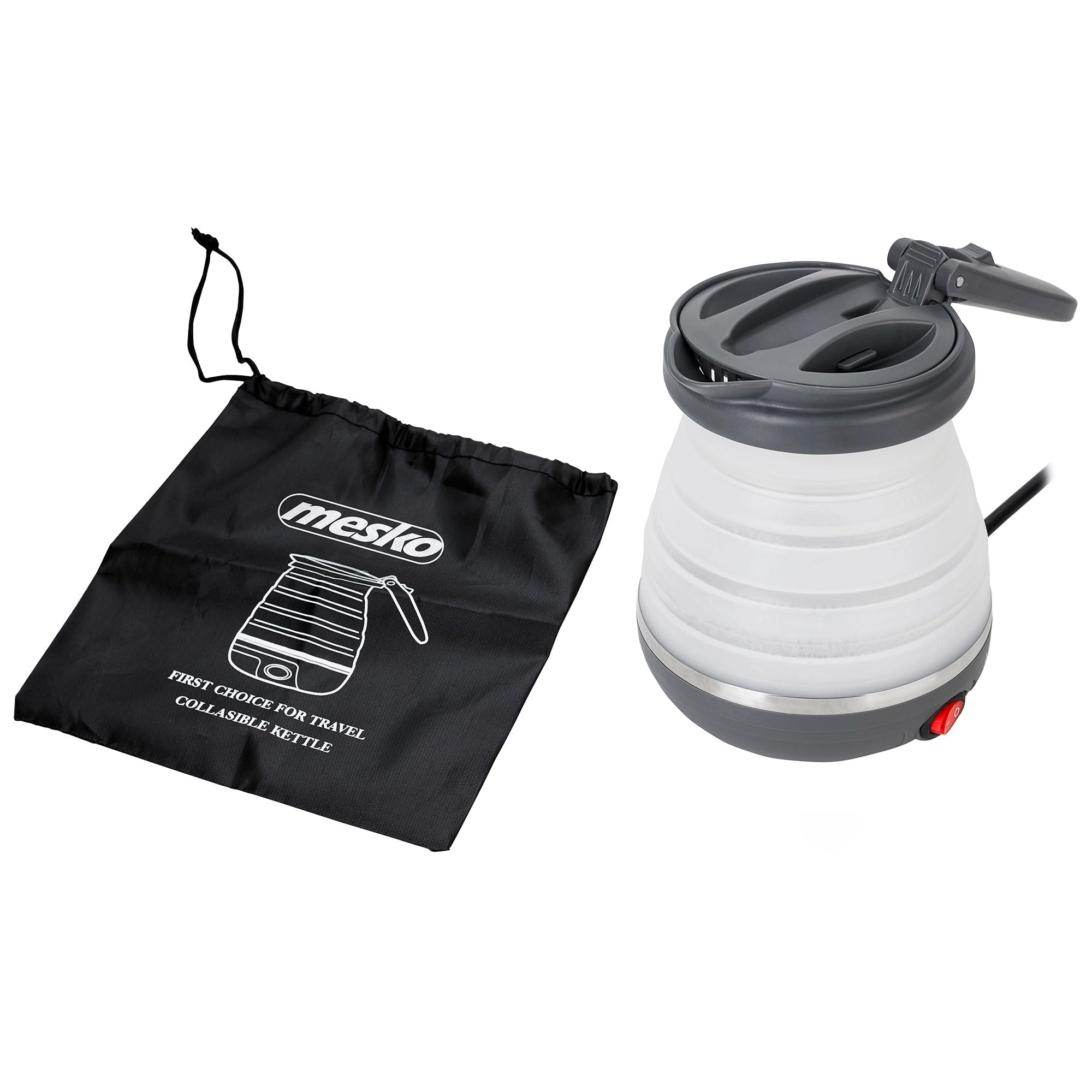 Mesko MS1375 Bouilloire Électrique Pliable, 0,6 litre, Silicone, sans BPA, Élément Chauffant Cachée, Couvercle Automatique, Idéale pour les Voyages et Camping 750W, Blanc