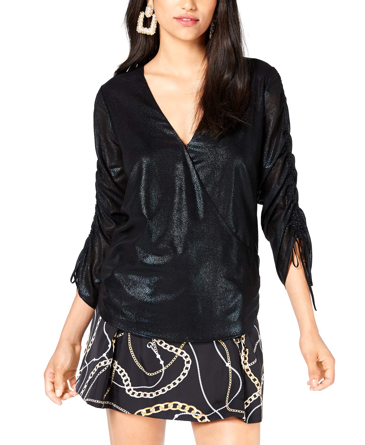 GUESSWomen's Long Jewel Foil Chiffon Shirred Sleeve Top, Jet Black a, S