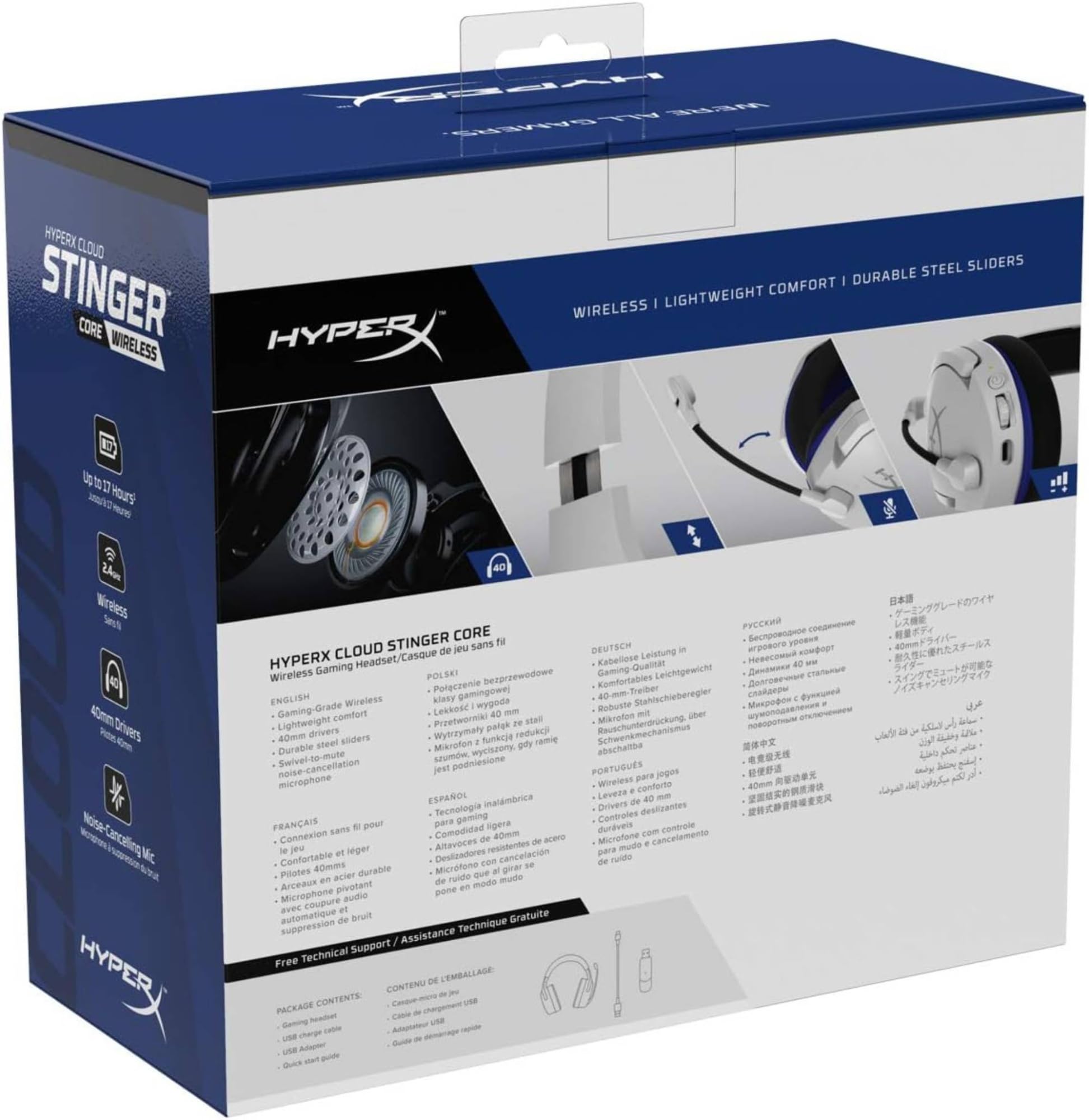 HyperX Stinger Core, Cuffie da Gaming senza Filo, Connessione a 2,4 GHz, Telaio in Acciaio, Cuscinetti in Memory Foam Rivestiti in Tessuto, Autonomia 17 Ore, Adatto per PC, PS4 e PS5, Bianco/Blu