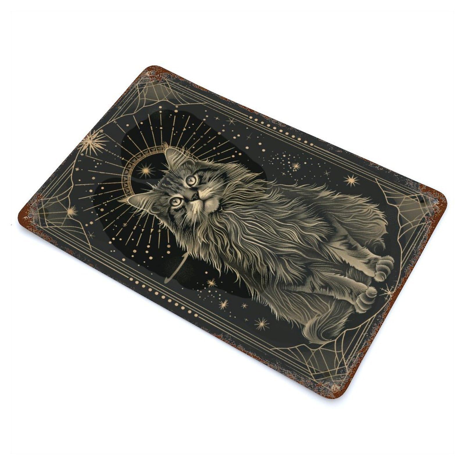 Rust Effect Stellar Cat Aged Metal Wall Plaque 11.8"x7.9", Farmhouse Wall Decor for Office, Studio And Wall Decor