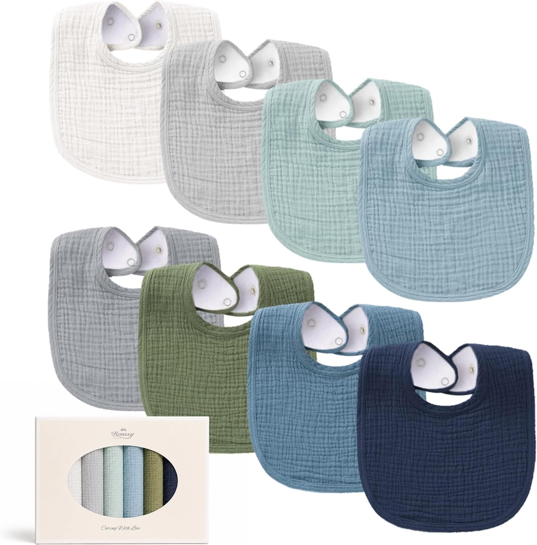 Konssy 8-Pack Muslin Baby Bibs, Adjustable Fit for Drooling and Teething | Soft Absorbent, Drool Bibs for Baby Boys Girls, Cotton Front with Fleece Backing, Newborn to Toddler 0-36M (Blue)