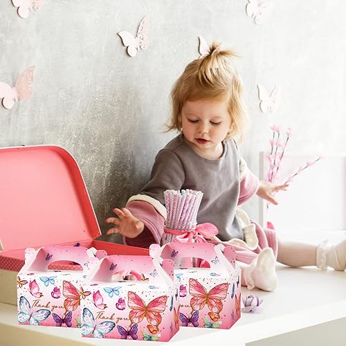 Miniatura 5 de Cajas de regalo de mariposa rosa para fiestas, paquete de 12 cajas de regalo de galletas de caramelo con asas, perfectas para niñas, cumpleaños,