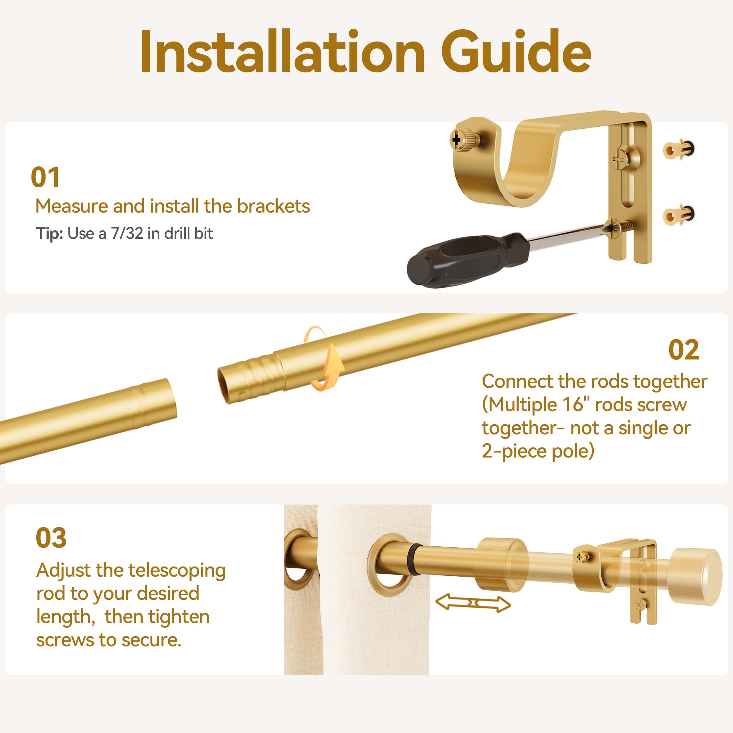 Gold Curtain Rod - 32-144 Inch, Heavy Duty -7 Gold Curtain Rod - 32-144 Inch, Heavy Duty -7