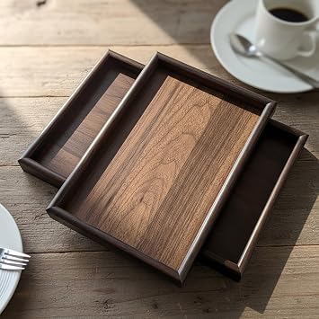 Deconox 2'li Ekonomik Ahşap Bambu Tepsi Seti - Çay Kahve Sunum ve Dekoratif Düzenleyici Tepsi (20x30 cm & 35x25 cm) - Doğal ve Kahve Renk Seçenekli (Kahve (Ceviz))