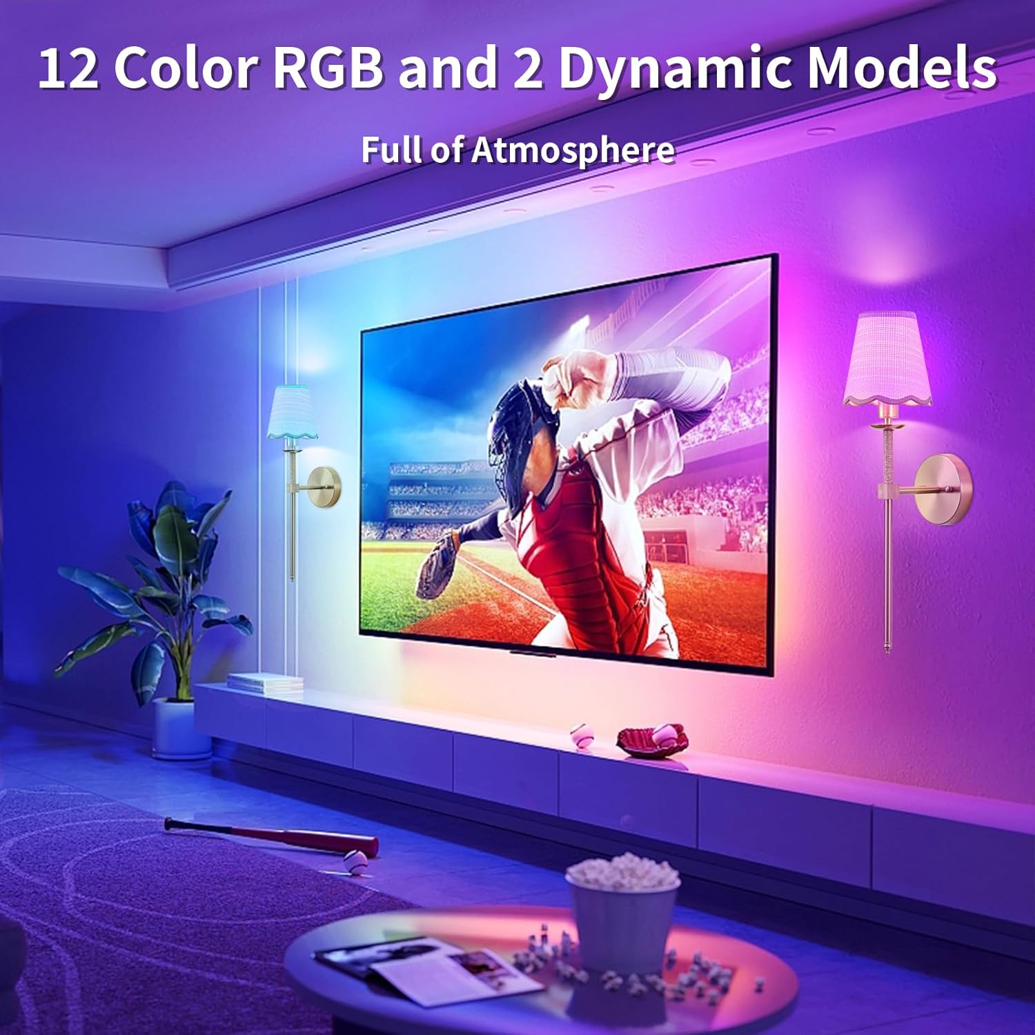 Boho Battery Operated Wall Sconce Set of 2, Gold Wireless Rechargeable Wall Lights with Rattan Shade, 12 RGB and 3CCT Dimmable Cordless Wall Lamps with Remote for Bedroom Living Room