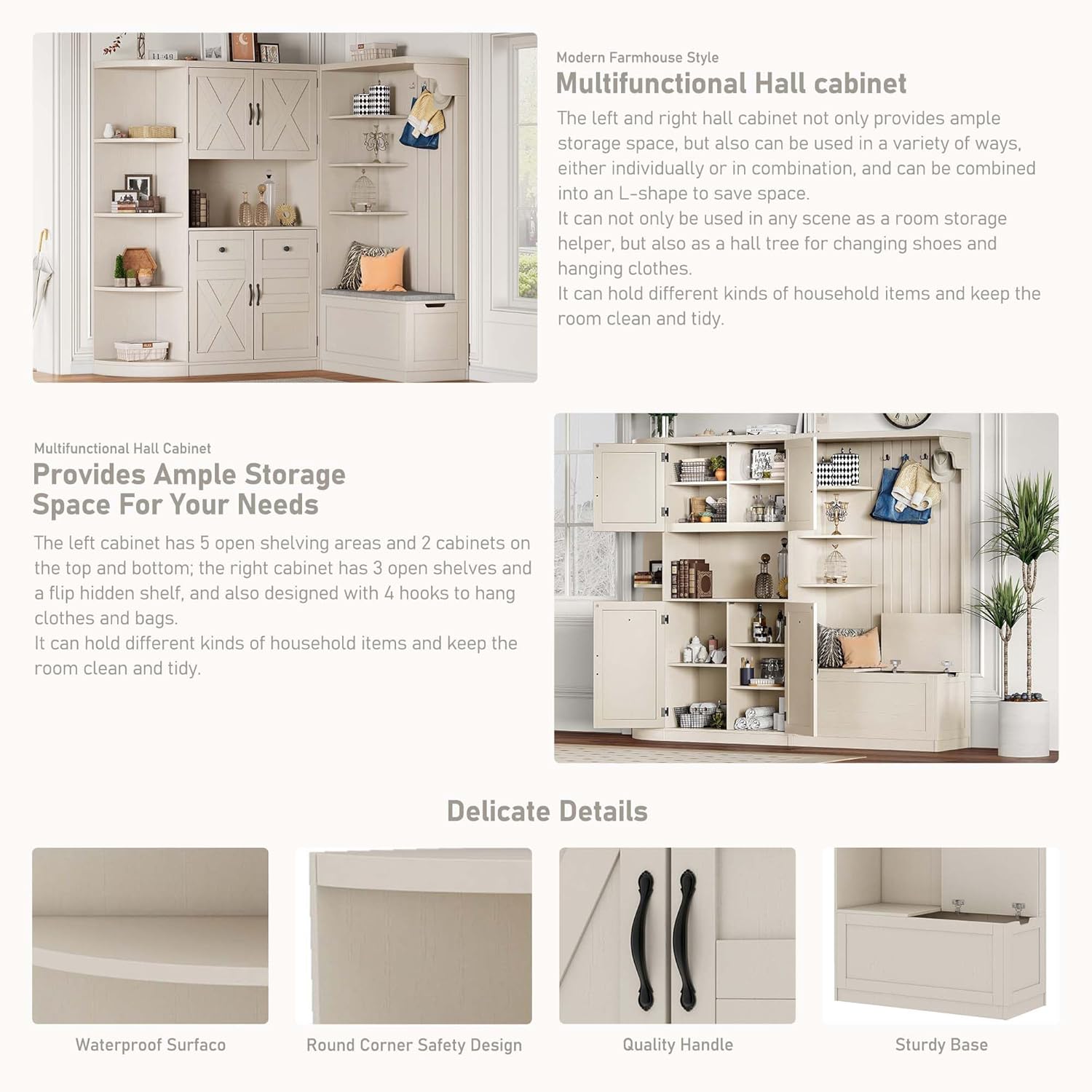 LUMISOL Extra Large Hall Tree with Storage Bench and 4 Hooks, Left-Right Combination Hall Cabinet, Can Be Used Separately, Wide Entryway Cabinet with Storage, for Mudroom Living Room, Beige