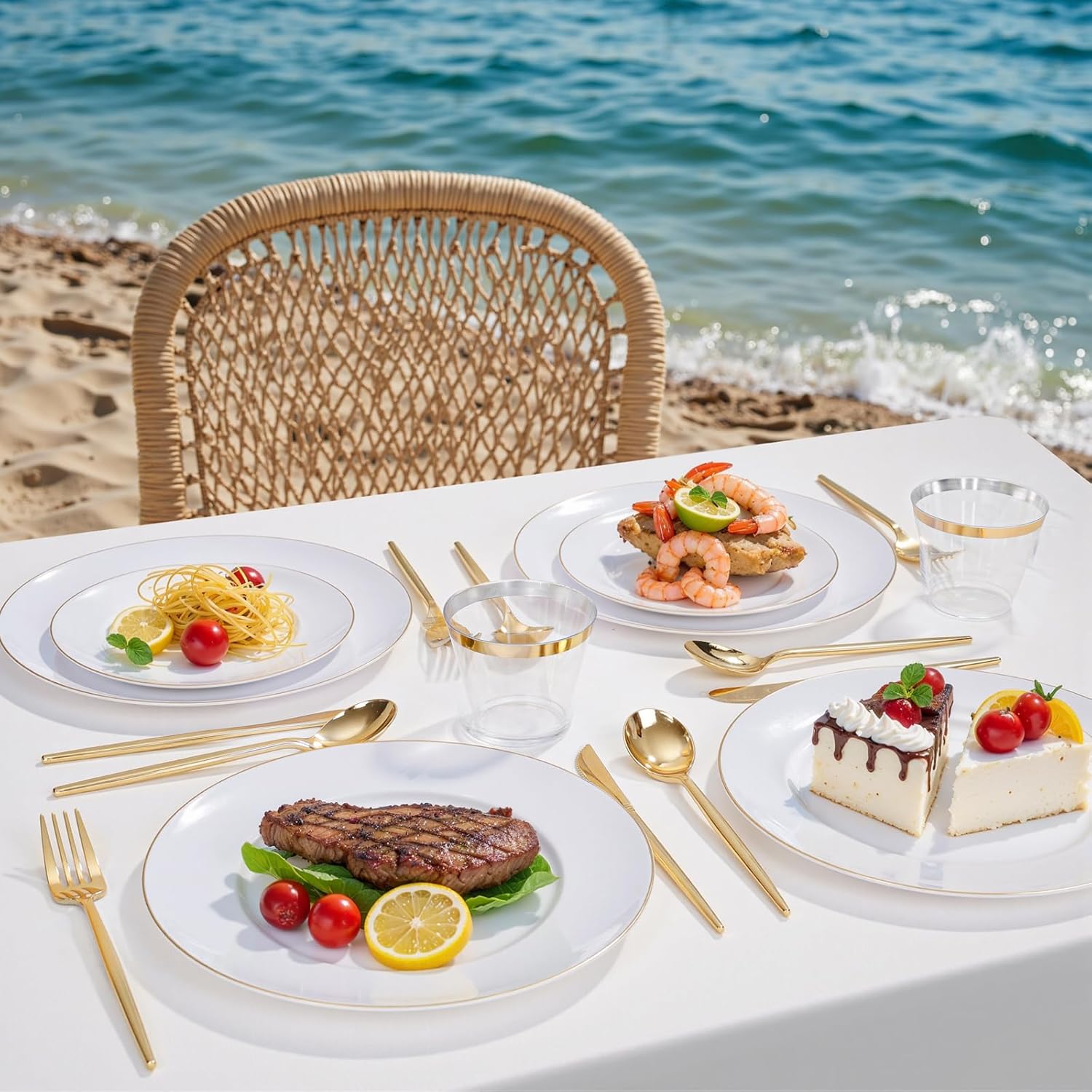 bUCLA 150PCS White and Gold Plastic Plates Disposable - 25 Guests Gold Dinnerware Set - Include 25 Each (Dinner & Dessert) Plates, 25 Knives, 25 Forks, 25 Spoons & 25 Cups for Party - Image 9