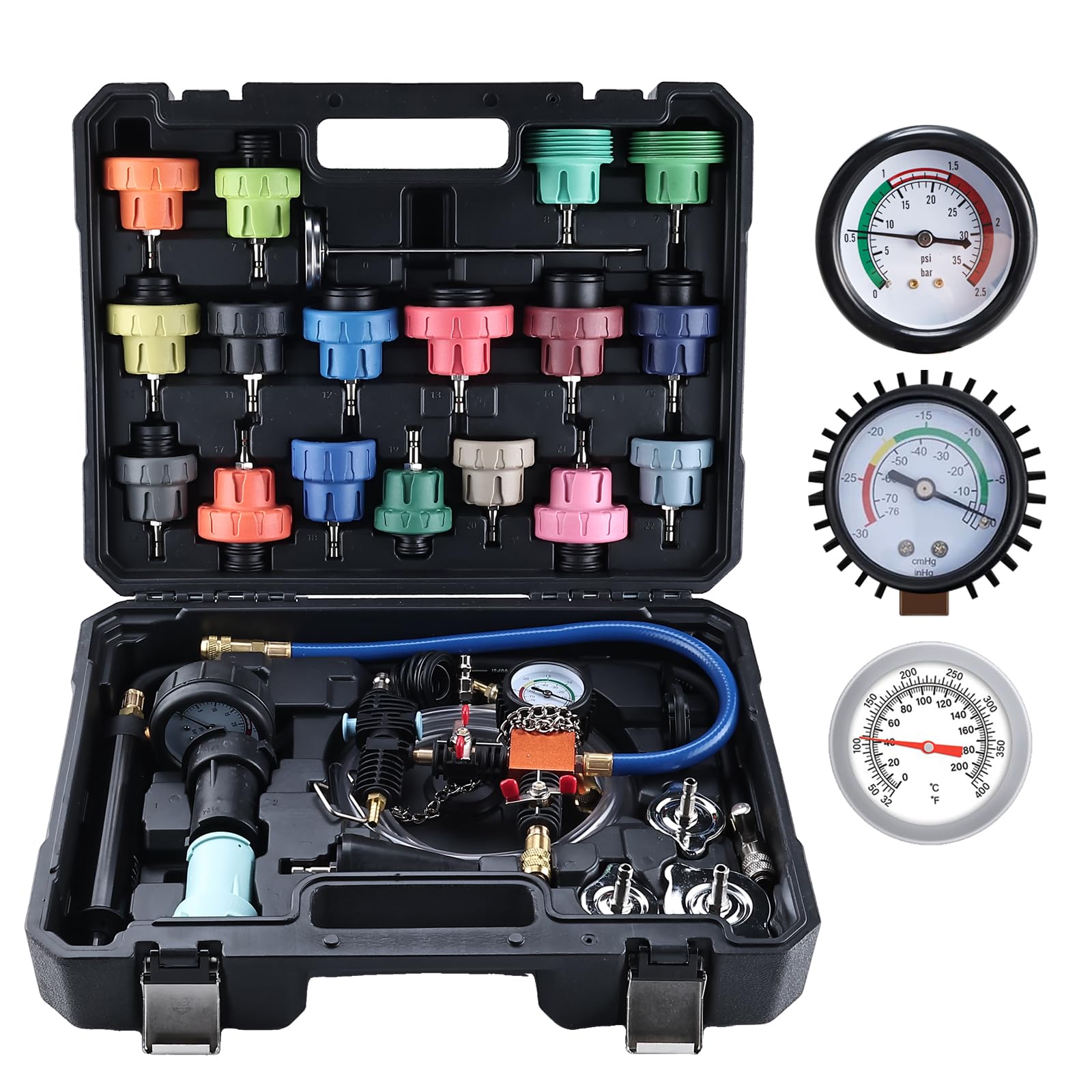 FreeTec 31pzs Probador Presion Radiador, Universal Probador Presion Circuito Refrigeración, Kit Comprobador Fugas Purgador Liquido Refrigerante, Herramientas Radiador Coche con Bomba Adaptador (Negro)