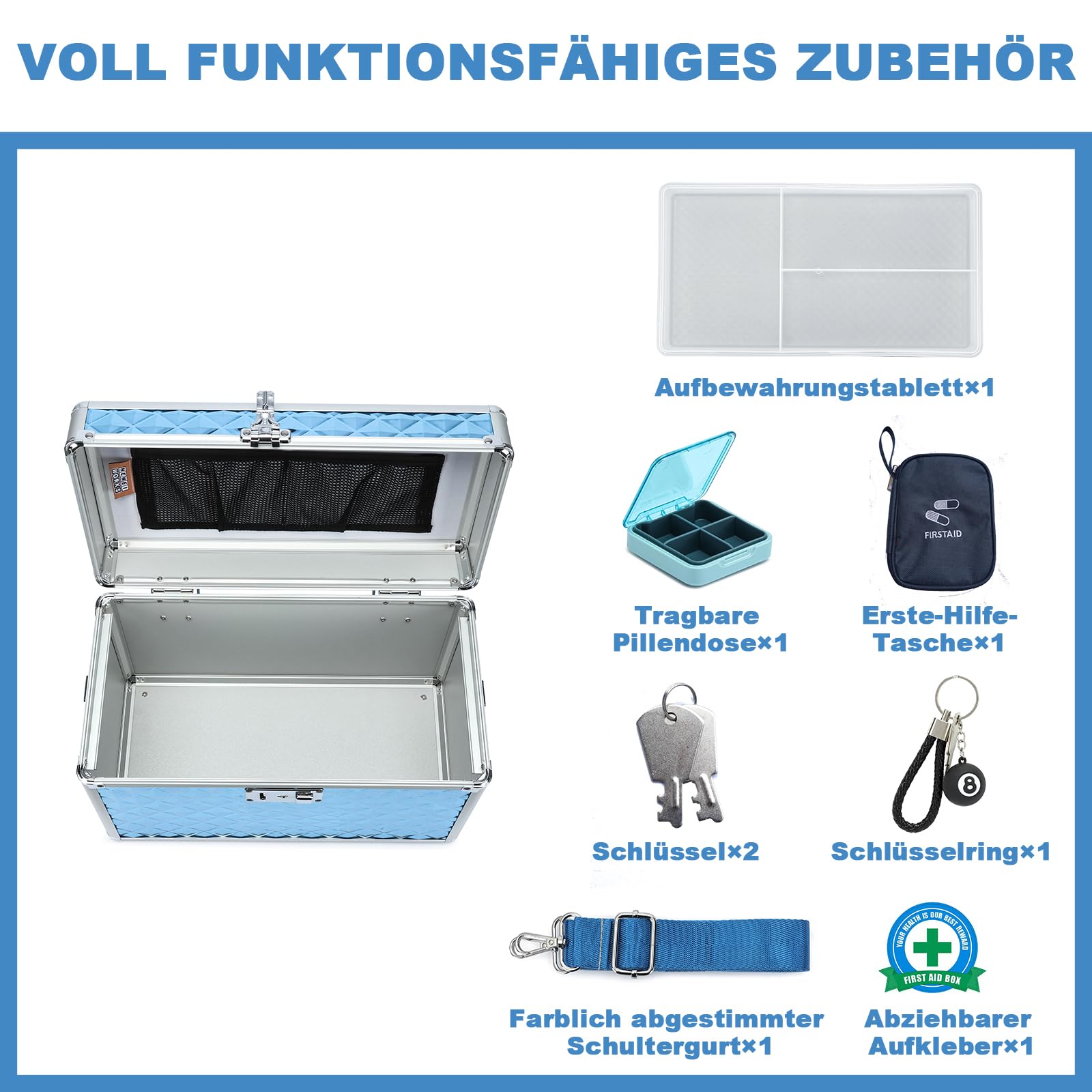 Caja de medicamentos con cerradura, caja vacía de primeros auxilios, caja de seguridad, caja versátil con cerradura para el hogar y al aire libre (azul, grande)