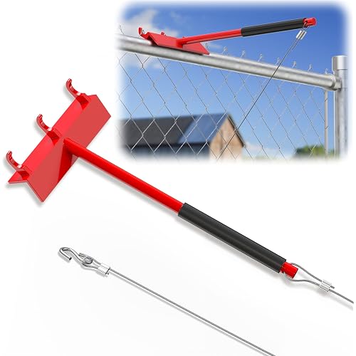 Chain Link Fence Top Rail Tensioner Tool, Heavy-Duty Steel Stretcher with 3 Hooks & 28" Cable Hook, 300 lbs Pull Capacity, Easy One-Person Installation, Red, 1PC