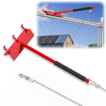 Chain Link Fence Top Rail Tensioner Tool, Heavy-Duty Steel Stretcher with 3 Hooks & 28" Cable Hook, 300 lbs Pull Capacity, Easy One-Person Installation, Red, 1PC