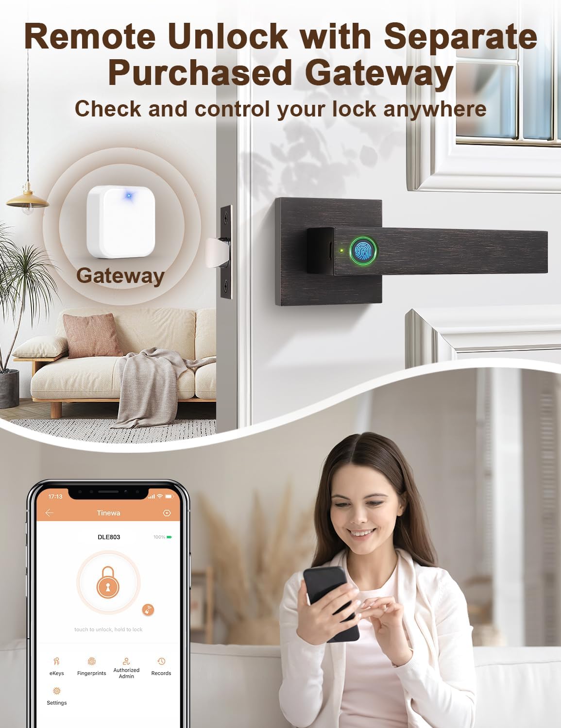 Remote unlock feature of Tinewa DLE8 door lock with a separately purchased gateway, allowing control from anywhere.