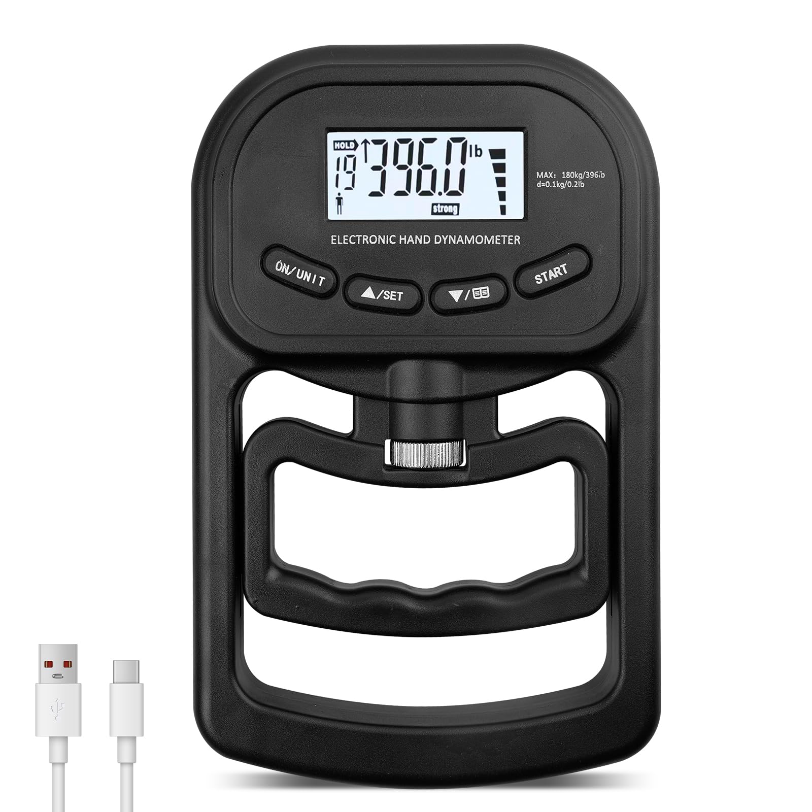Appareil de force portatif numérique : dynamomètre manuel 180 kg, compteur de force de préhension électronique, écran LED, entraînement de force avec câble de charge USB, appareil de force de