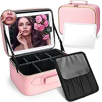 Bolsa de maquiagem com espelho de LED, organizadora de viagem, 3 cores de luz ajustável, cosméticos, bolsa de armazenamento, rosa