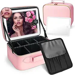 Bolsa de maquiagem com espelho de LED, organizadora de viagem, 3 cores de luz ajustável, cosméticos, bolsa de armazenamento, rosa