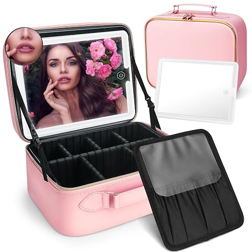 Bolsa de maquiagem com espelho de LED, organizadora de viagem, 3 cores de luz ajustável, cosméticos, bolsa de armazenamento, rosa