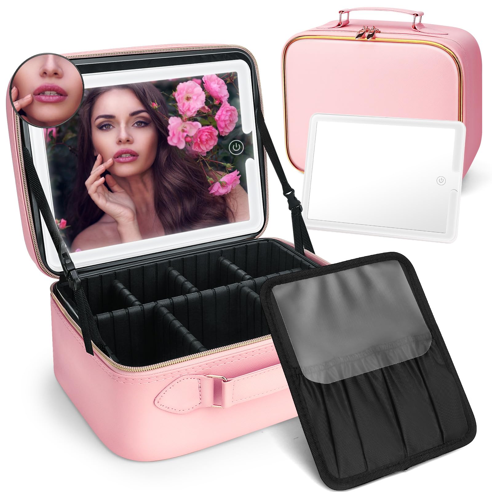 Makeup Bag with Led Mirror, Travel Makeup Bag Organizer Cosmetic Bag with 3 Color Light Adjustable Brightness Make Up Bag Train Case Portable Makeup Box Brushes Storage Bag Pink